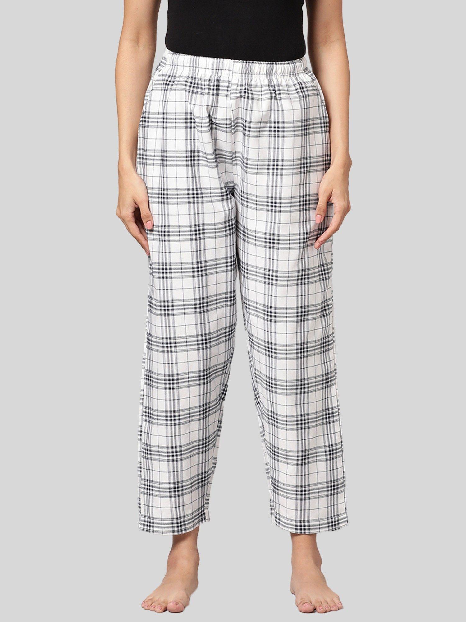 womens white 100 percent cotton woven checked regular fit pyjama