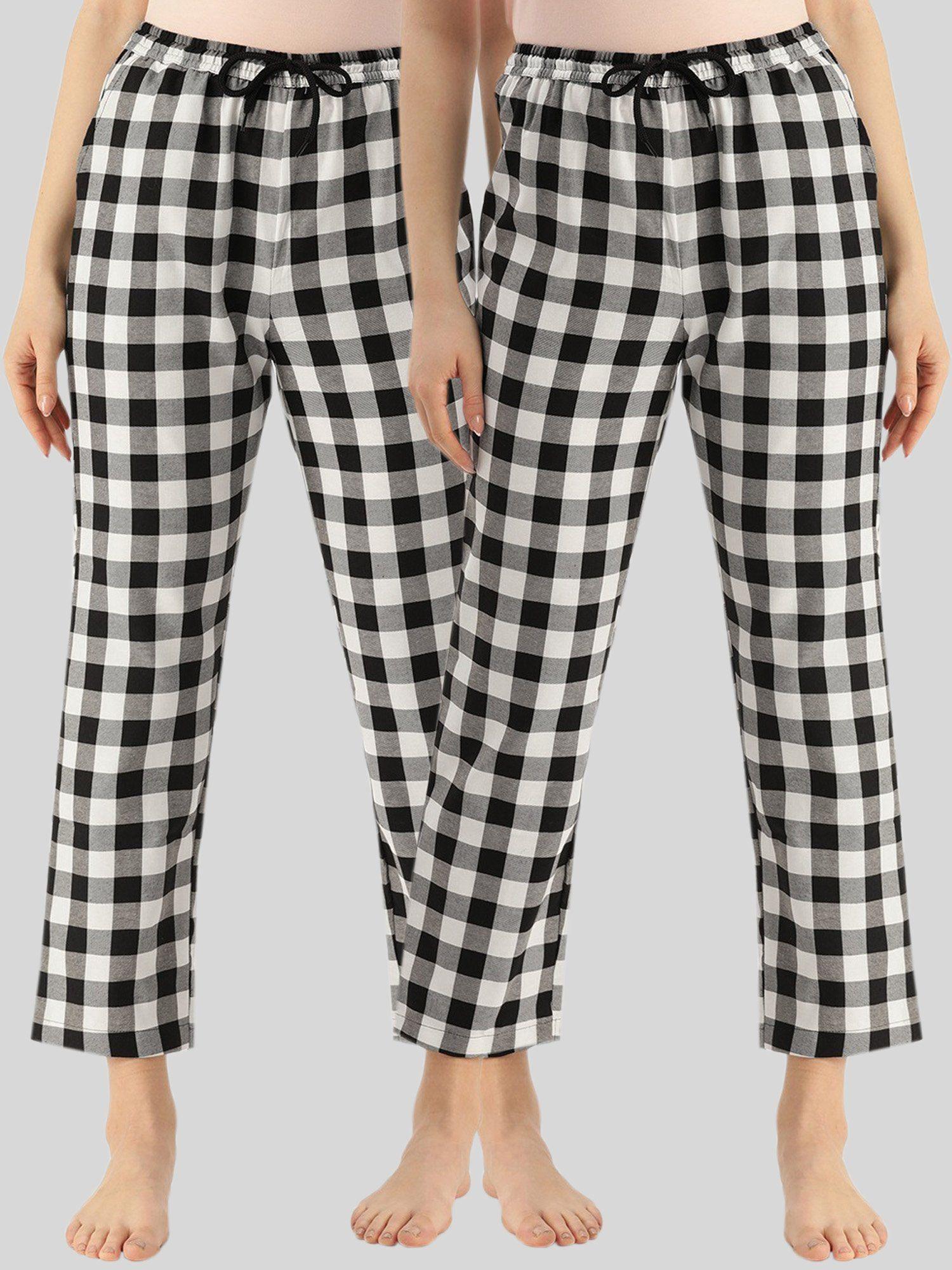 womens white black cotton check lounge pajamas (pack of 2)