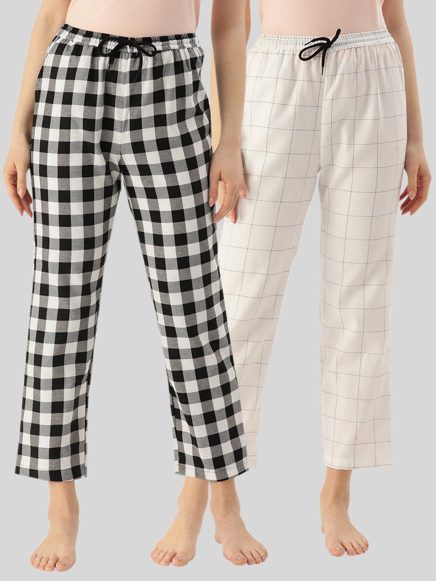 womens white black cotton check lounge pajamas (pack of 2)