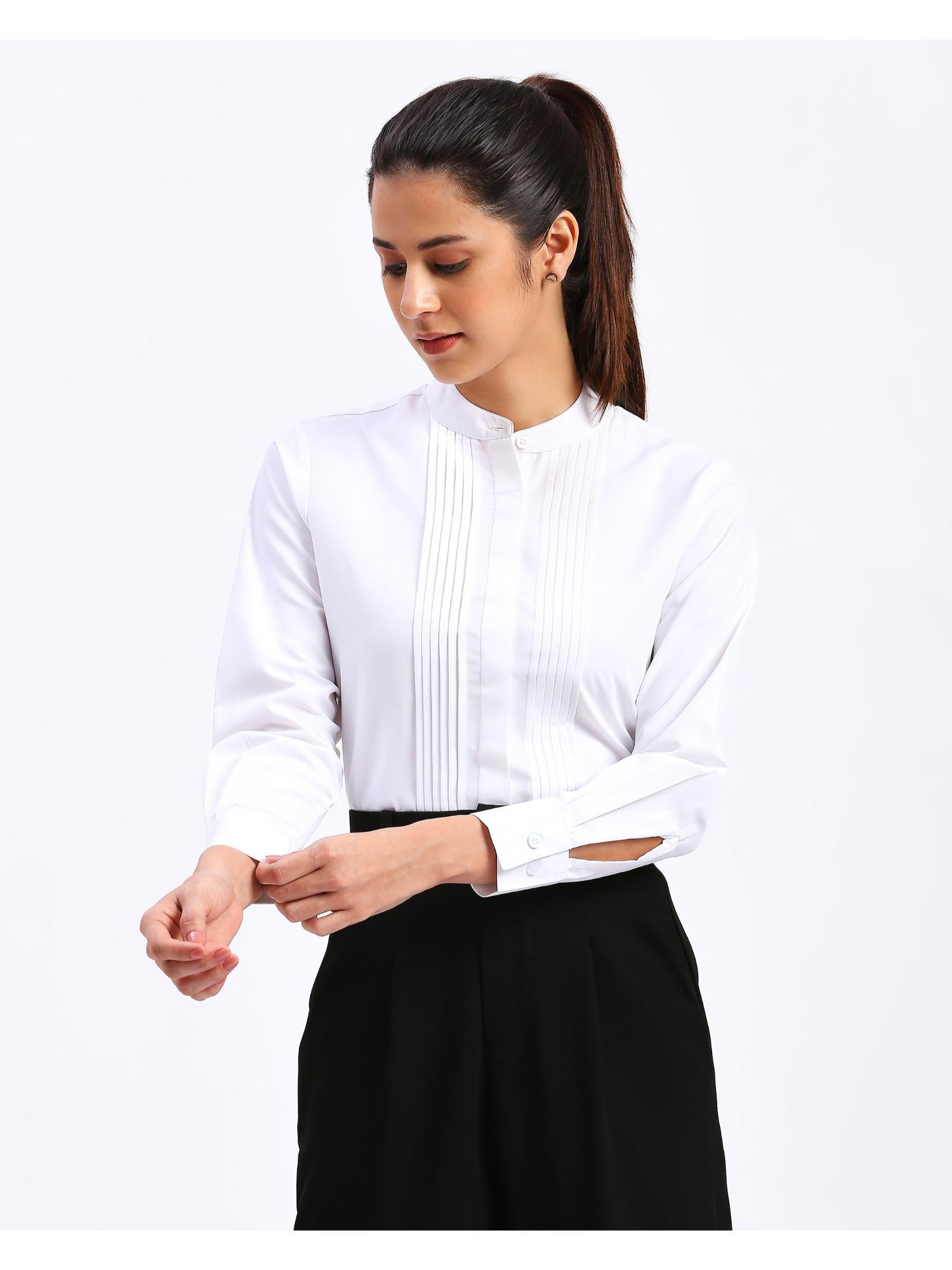 womens white chinese collar relaxed fit polycotton solid shirt