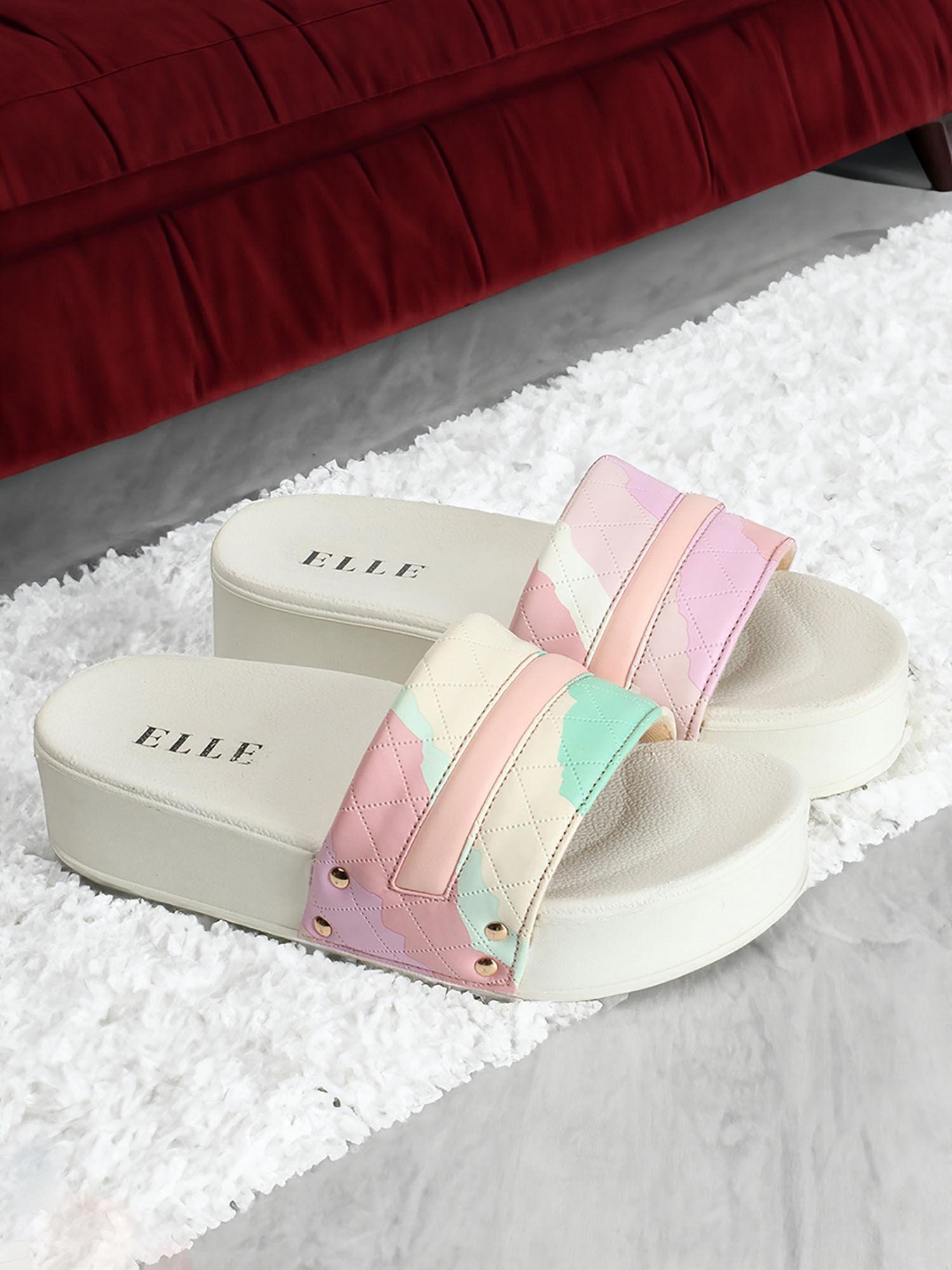 womens white color printed casual wear sliders