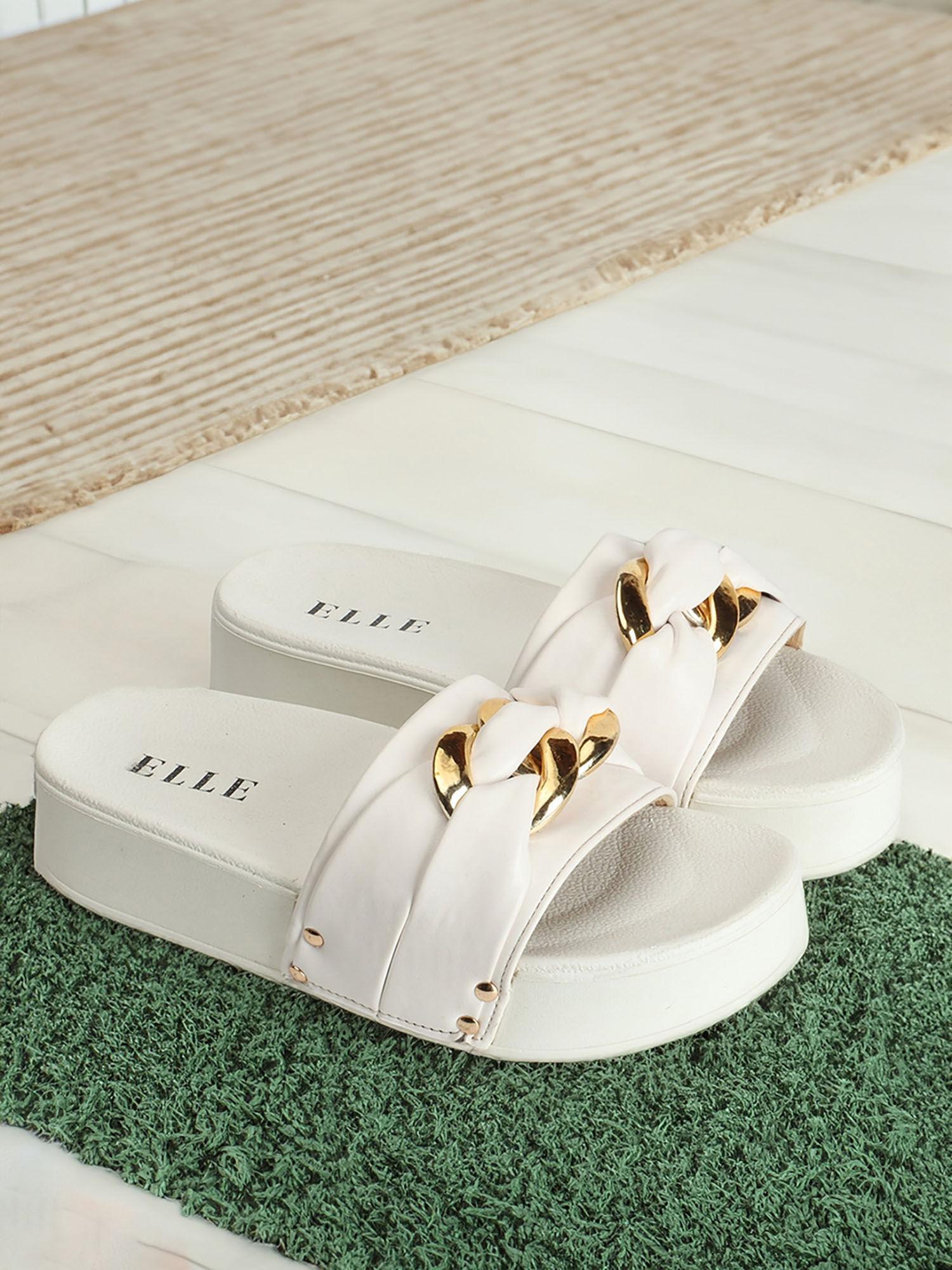 womens white color solid casual wear sliders