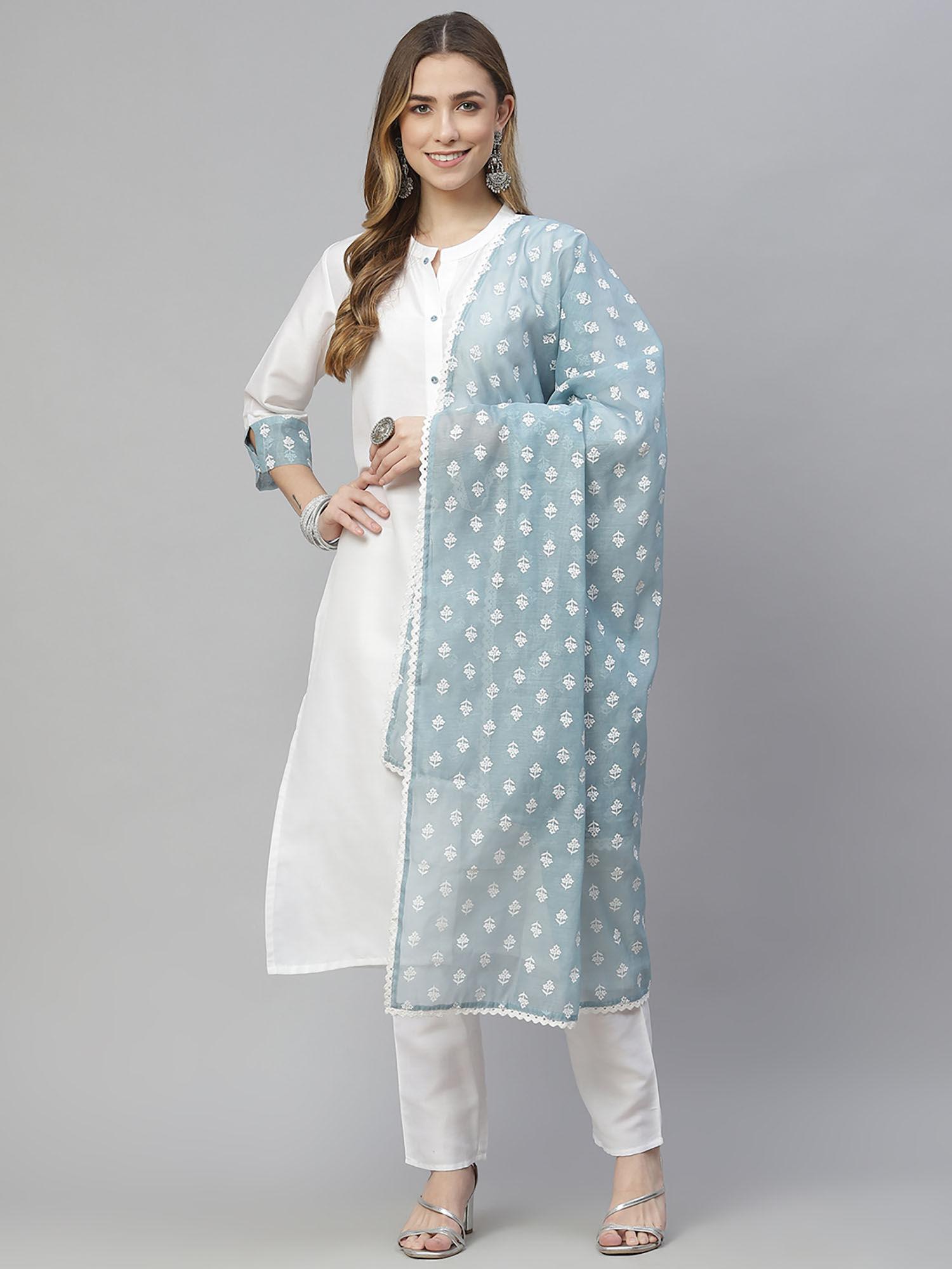 womens white color solid straight kurta,pant and dupatta set