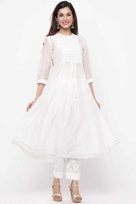 womens white cotton chanderi embellished a-line kurta with mirrorwork & dori - white
