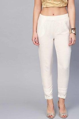 womens white cotton solid cigarette pants with side pocket - white