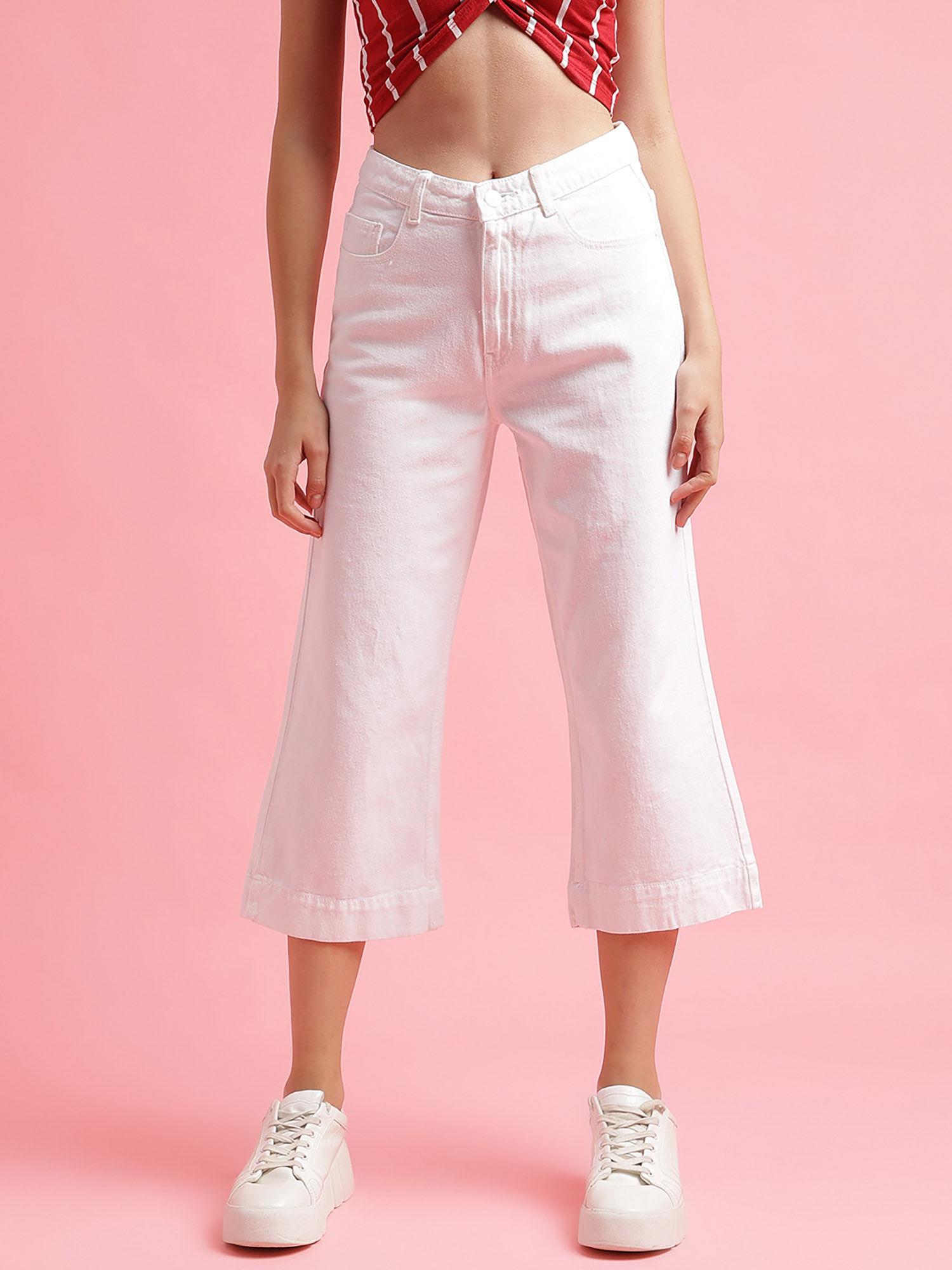 womens white denim cropped fit solid jeans