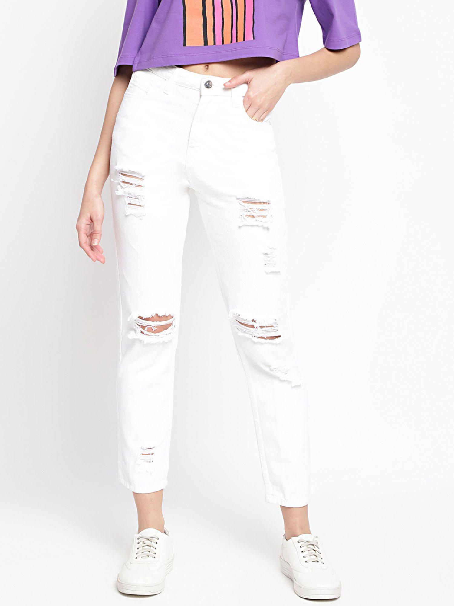 womens white denim regular fit solid distress jeans