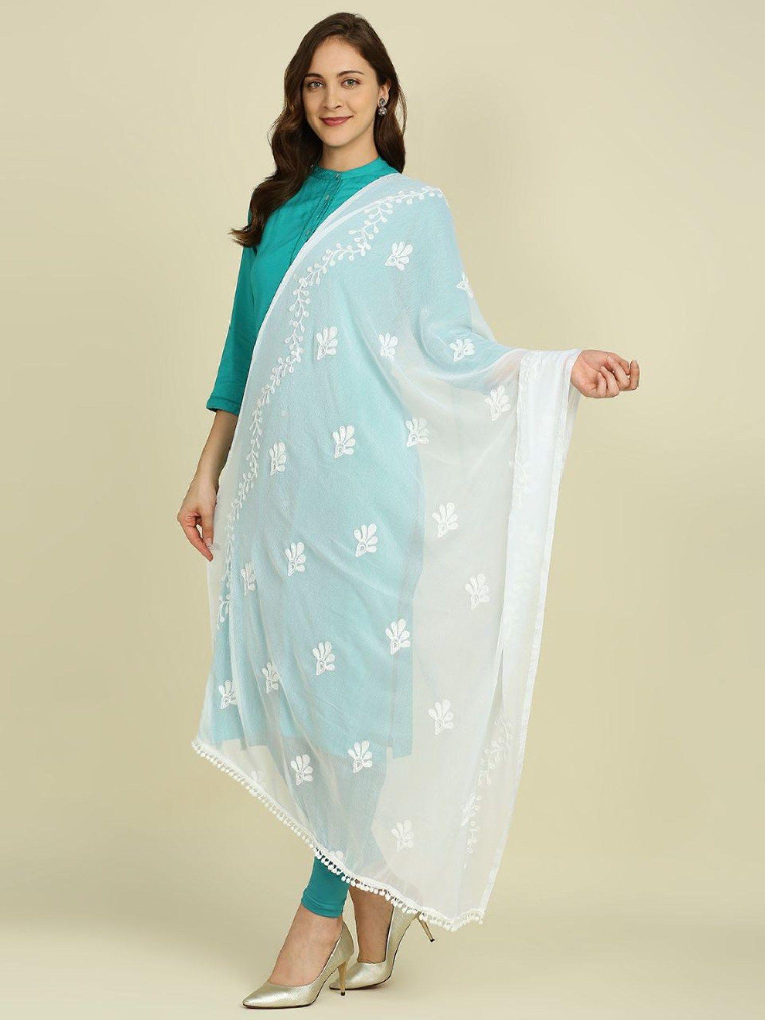 womens white embroidered chiffon dupatta with pom pom lace