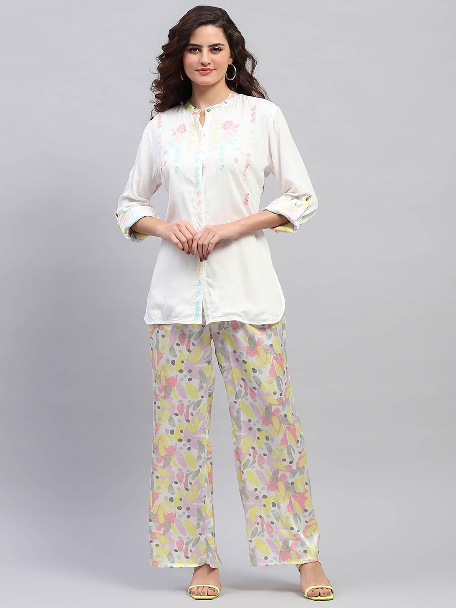 womens white embroidered mandarin neck full sleeve co-ord (set of 2)