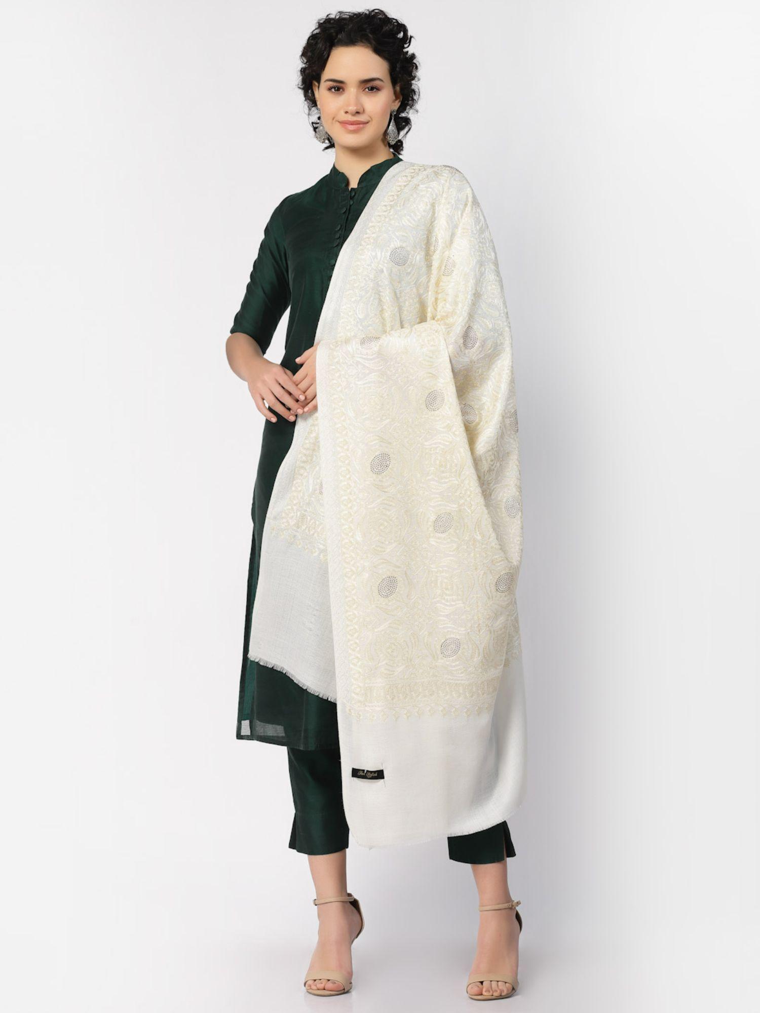 womens white embroidered wool shawl with stonework