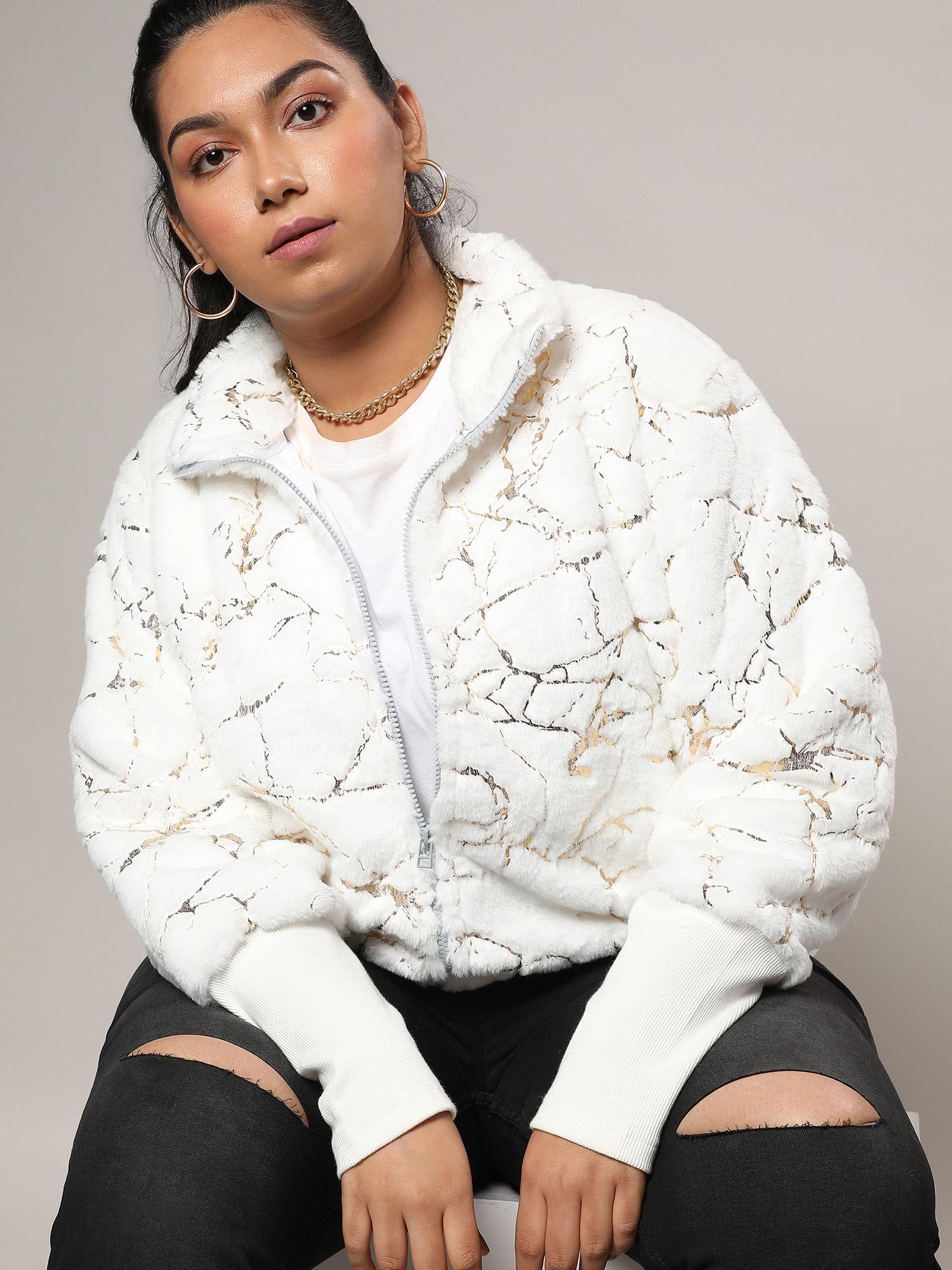 womens white faded textured faux fur jacket