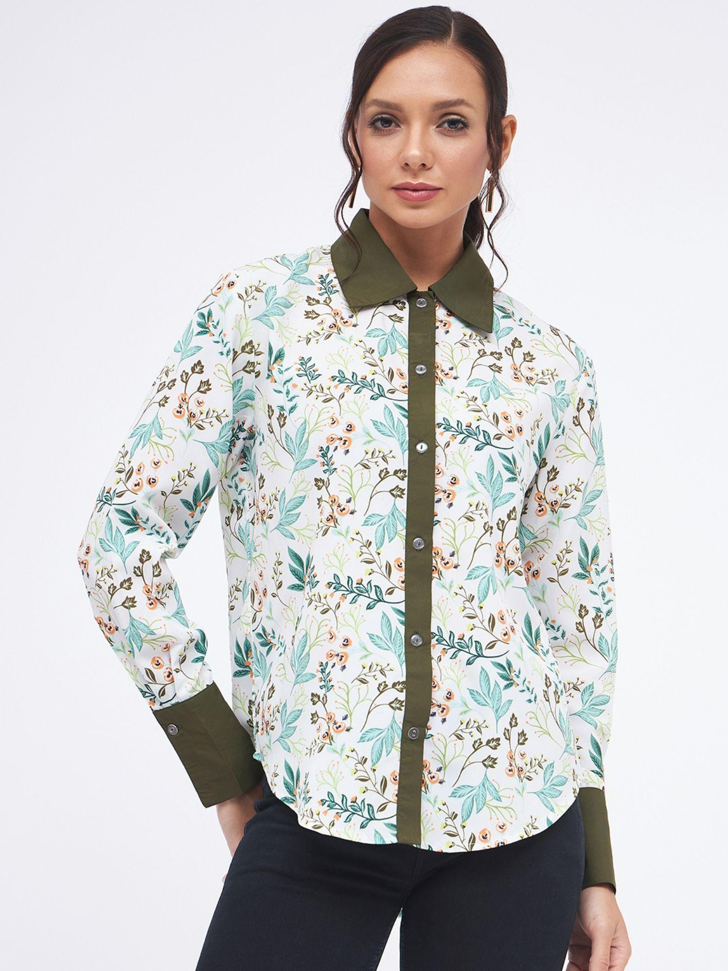 womens white floral button down collared shirt