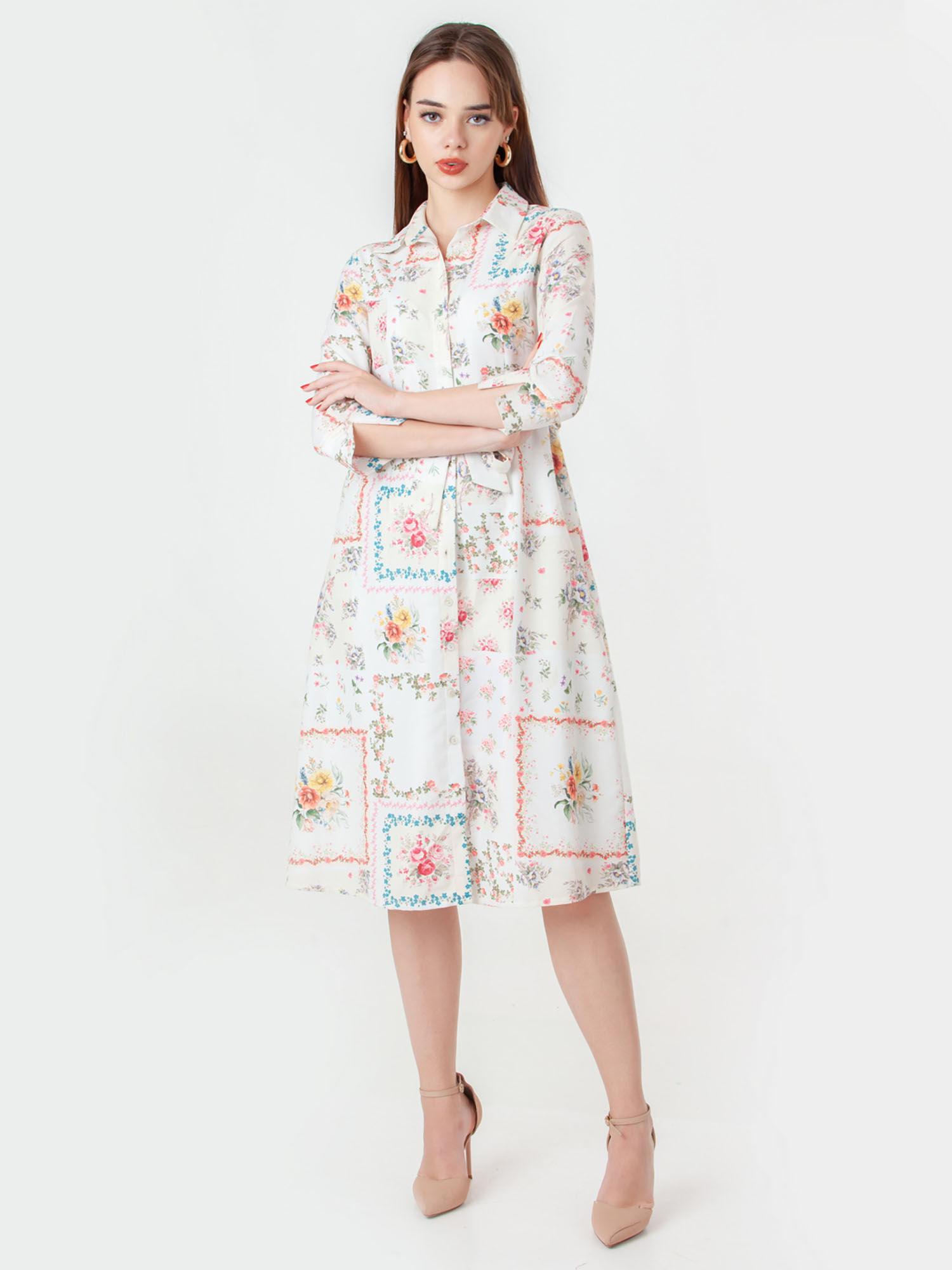 womens white floral midi dress with belt (set of 2)