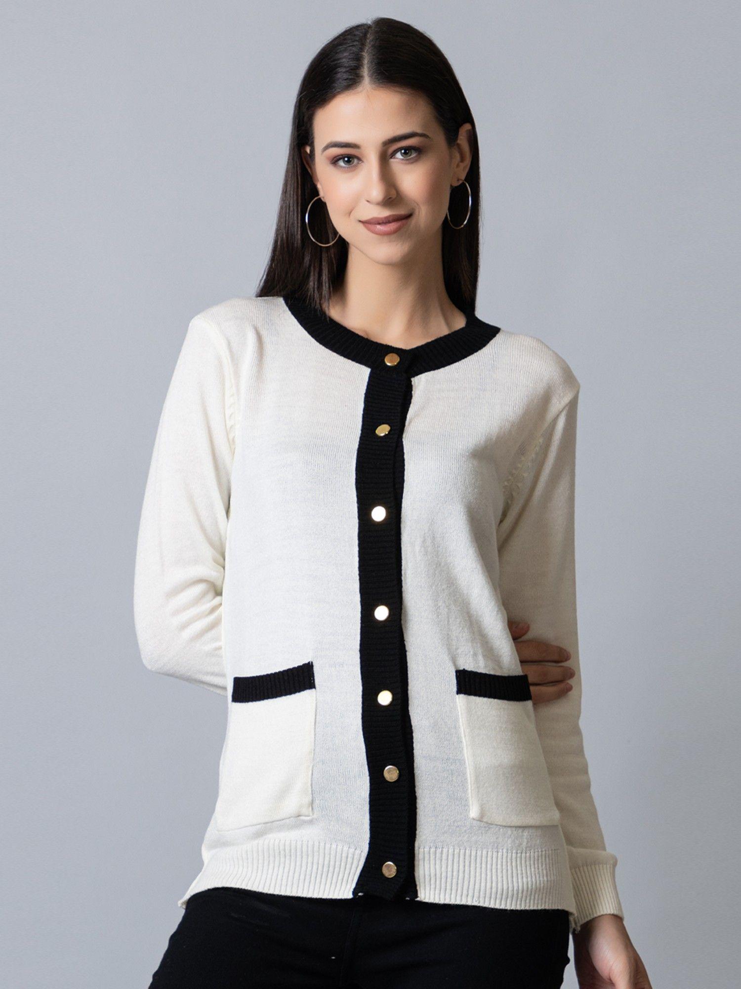 womens white full sleeve round neck soild cardigan