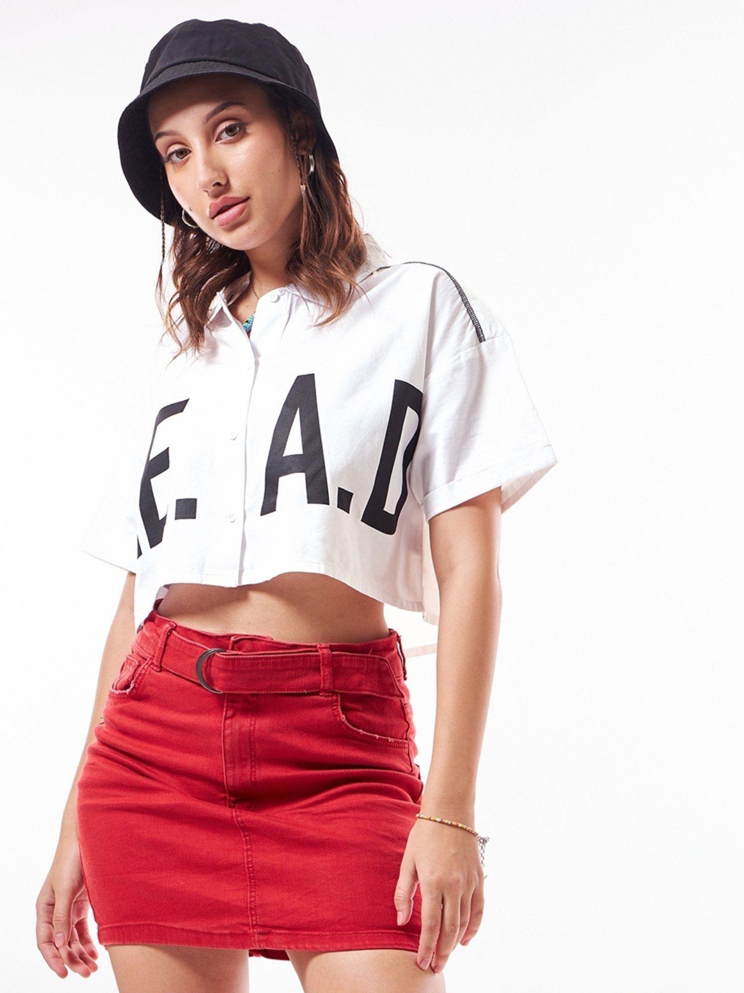 womens white lead typography oversized crop shirt