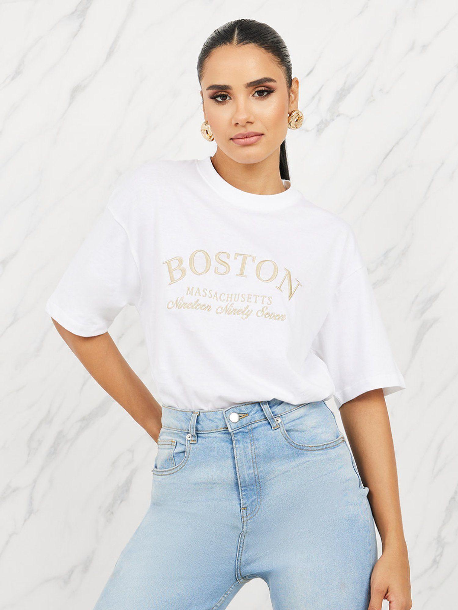 womens white oversized boston slogan embroidered round neck longline t-shirt