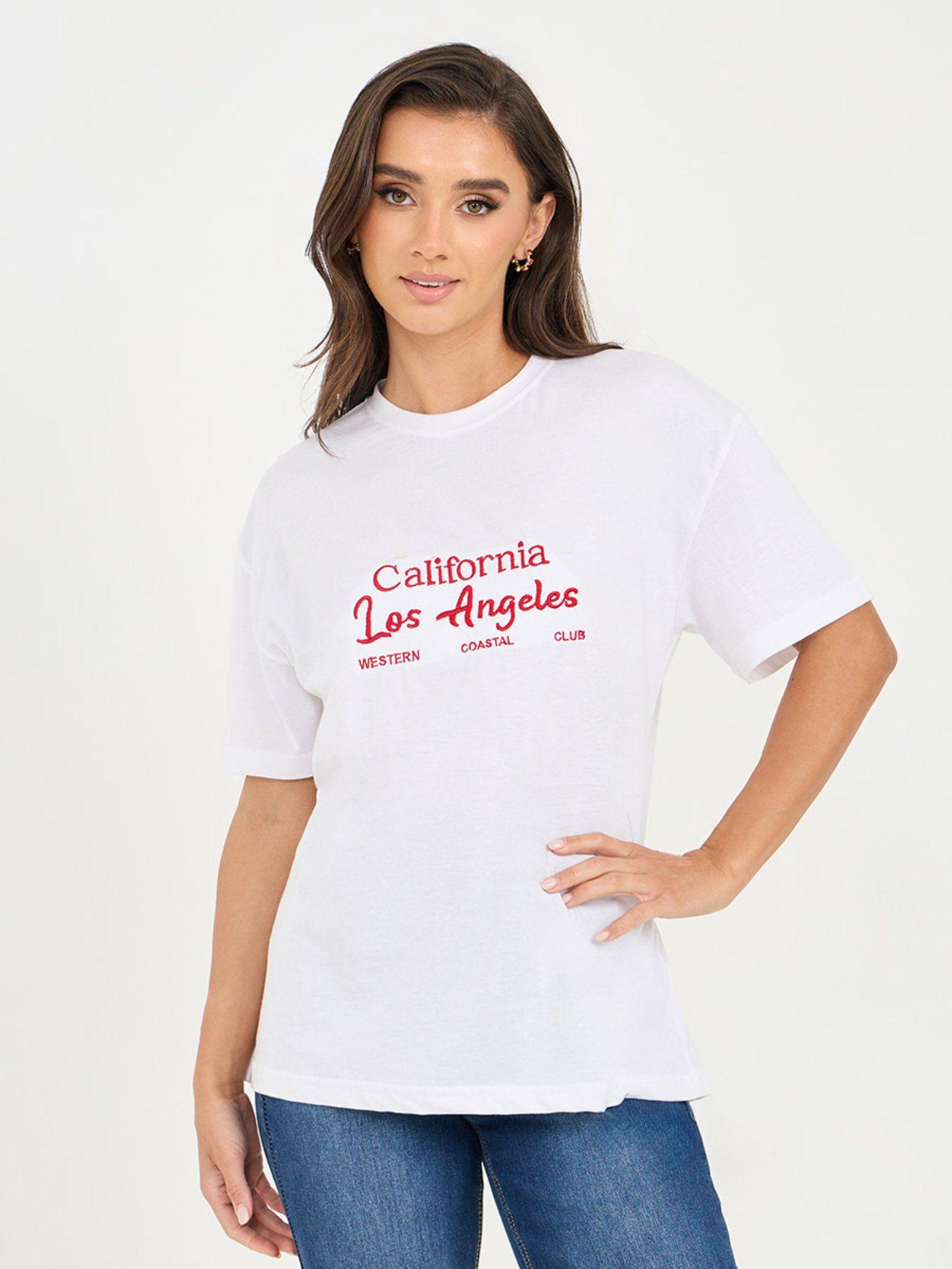 womens white oversized city embroidered drop shoulder cotton t-shirt