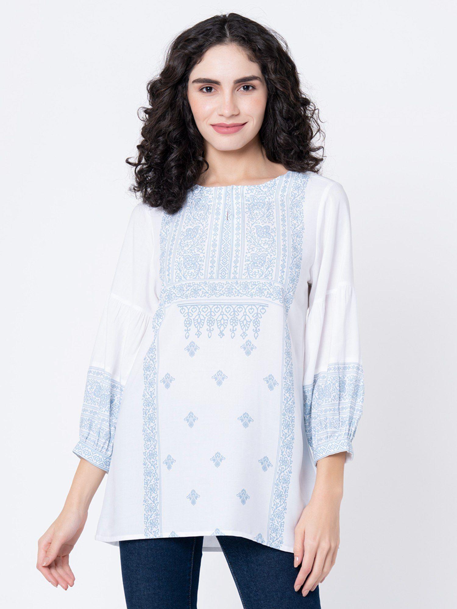 womens white printed blouse tunic