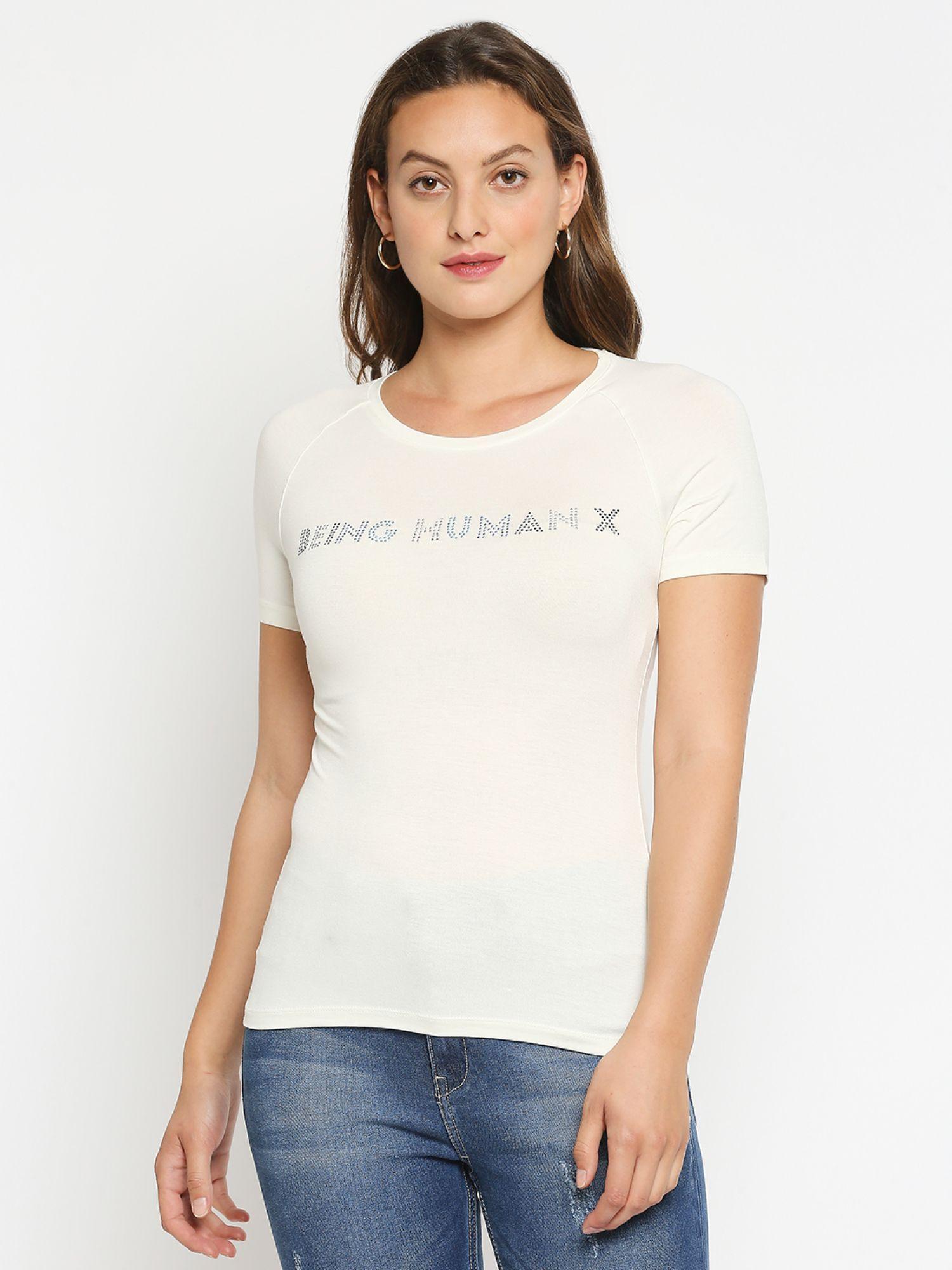 womens white printed round neck t-shirt