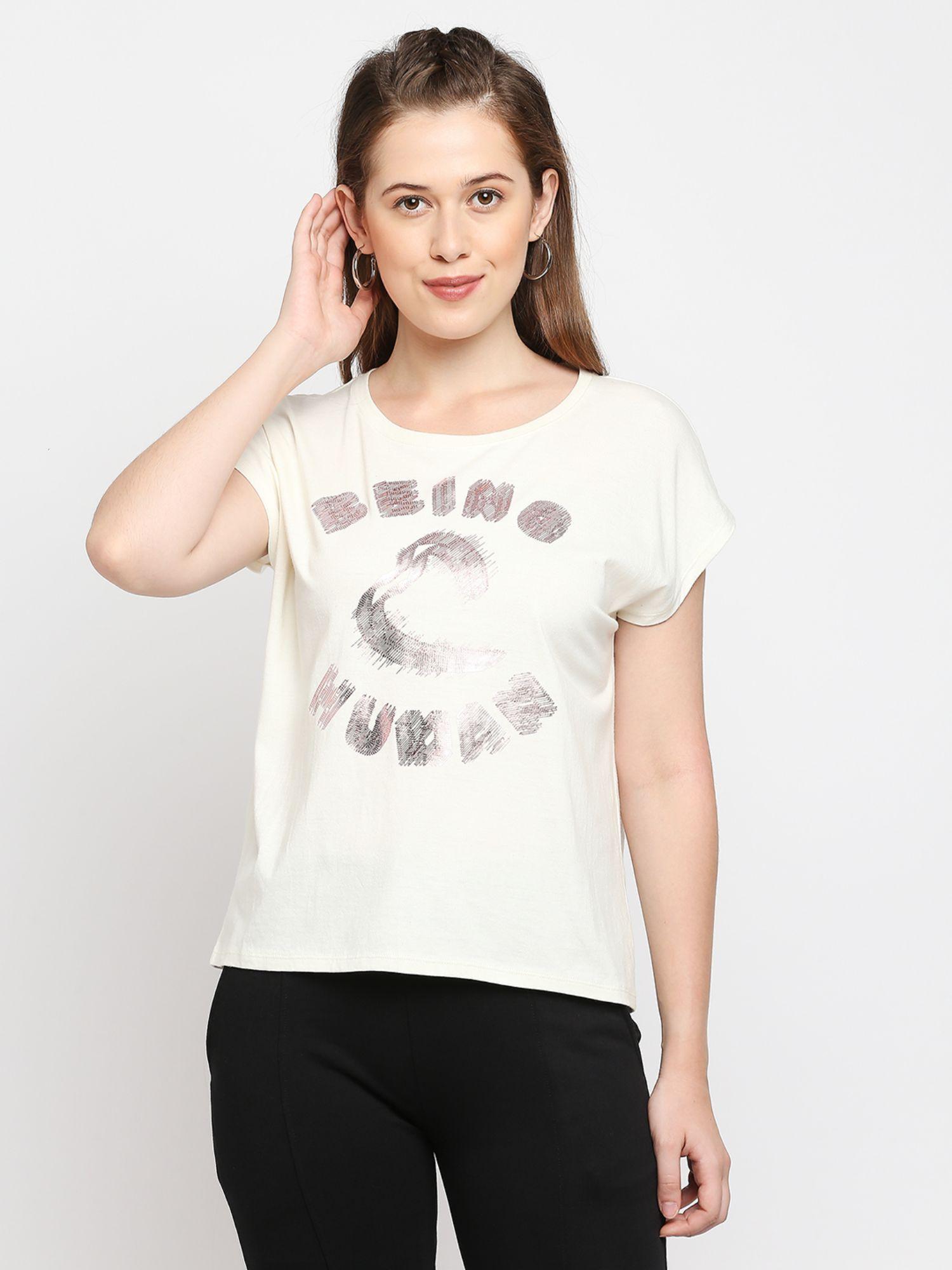 womens white printed round neck t-shirt