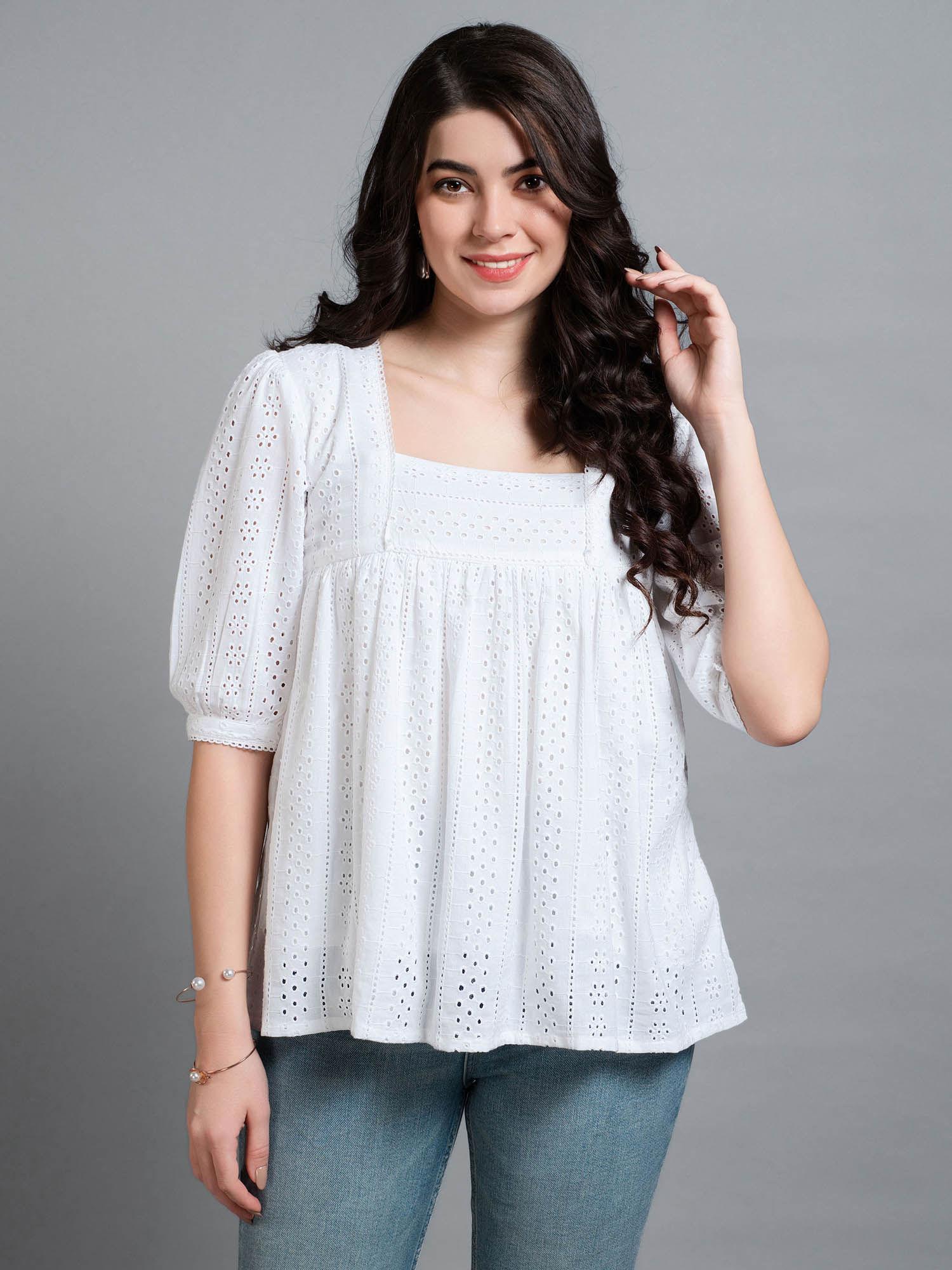 womens white pure cotton blend bored schiffli embroidered gathered or pleated top