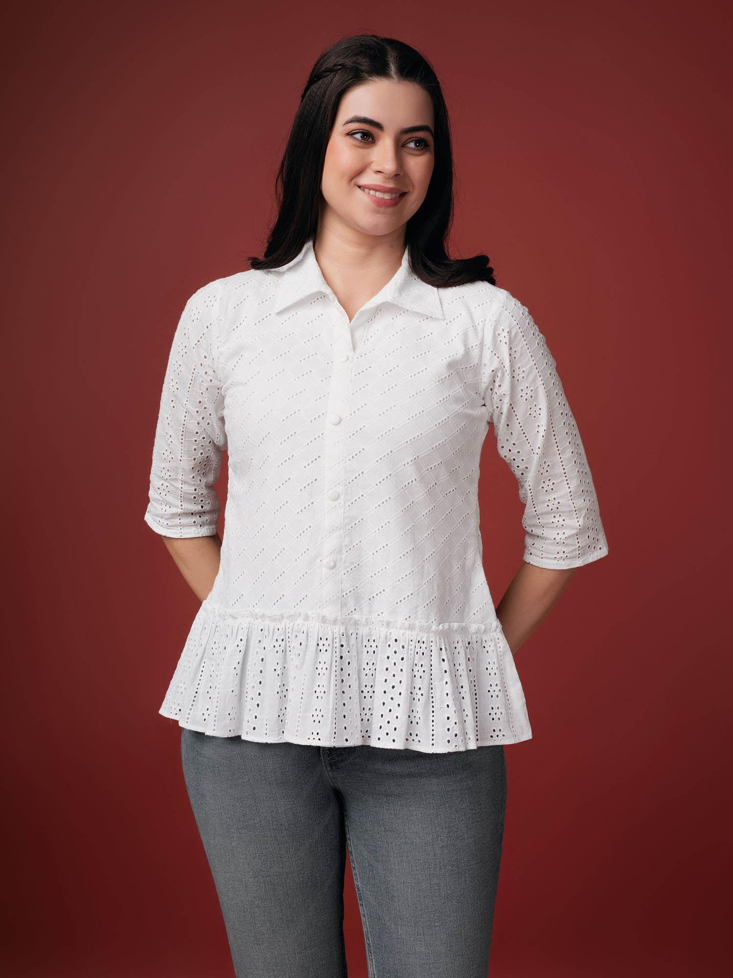 womens white pure cotton blend bored schiffli embroidered shirt style top