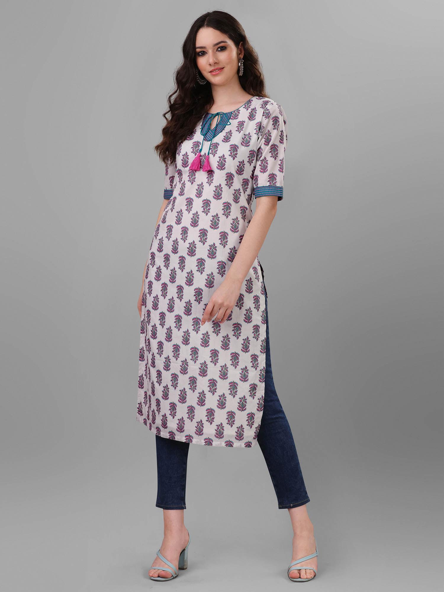 womens white pure cotton cambric block printed kurta