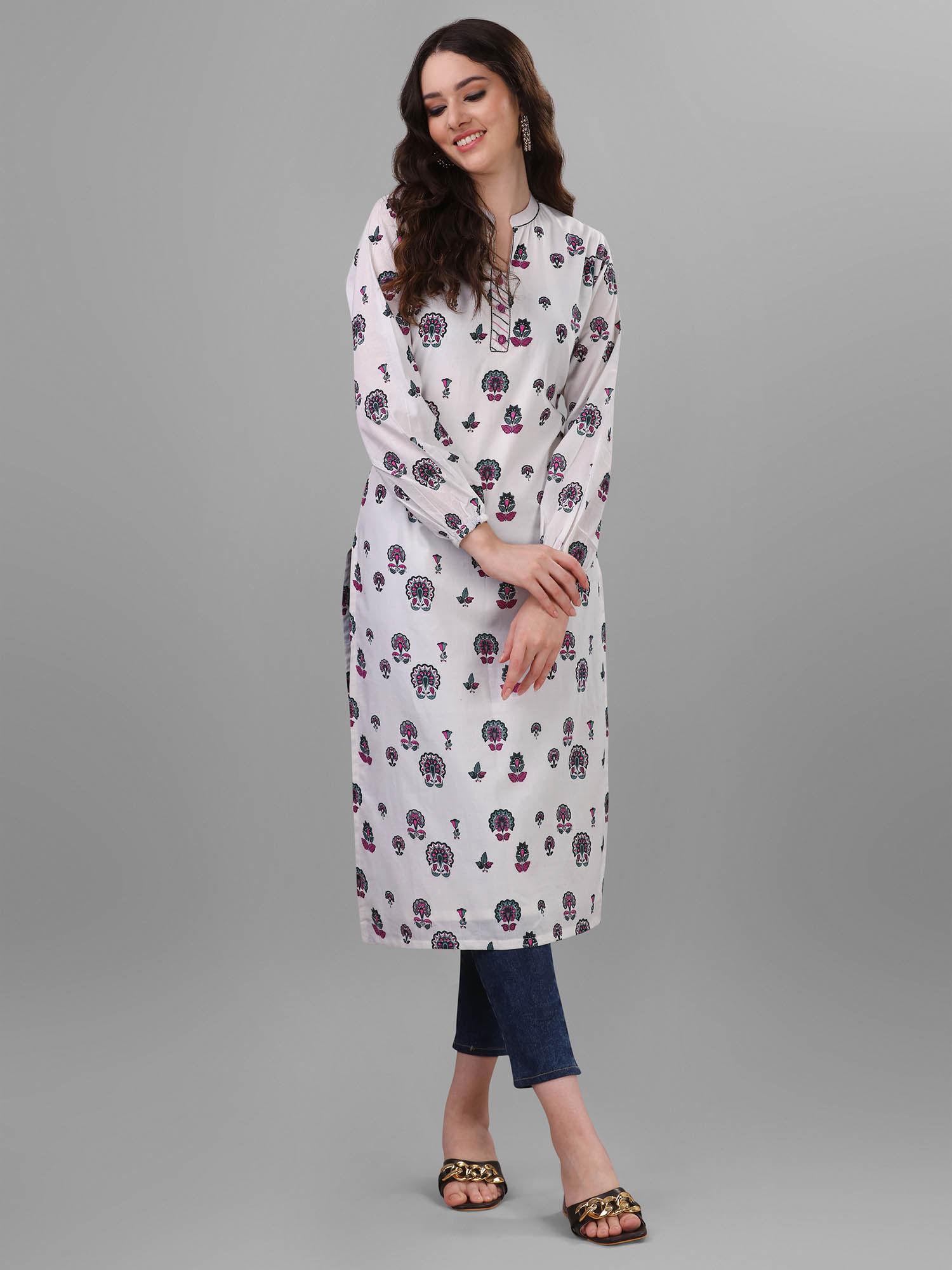 womens white pure cotton cambric block printed kurta