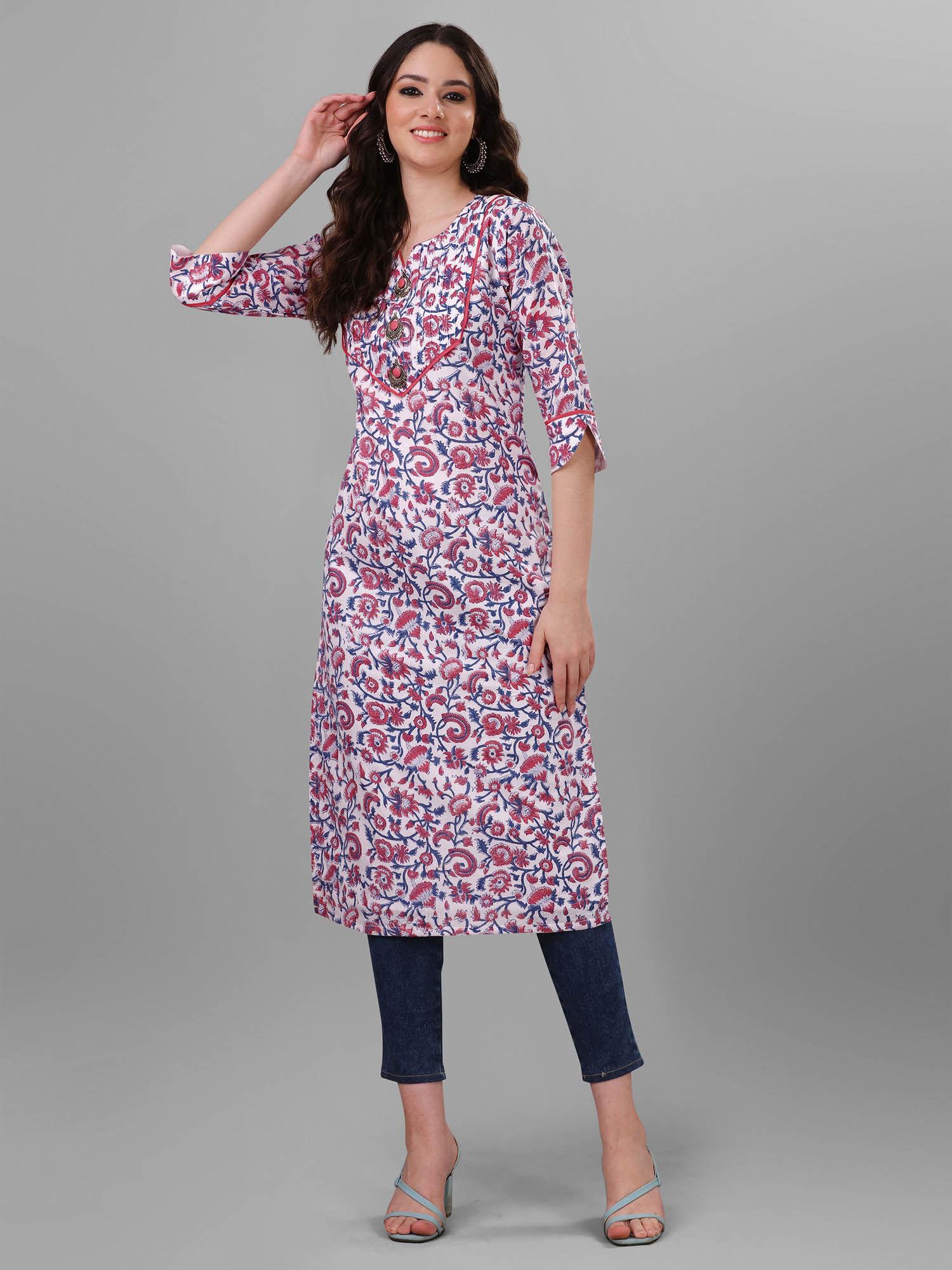 womens white pure cotton cambric block printed kurta