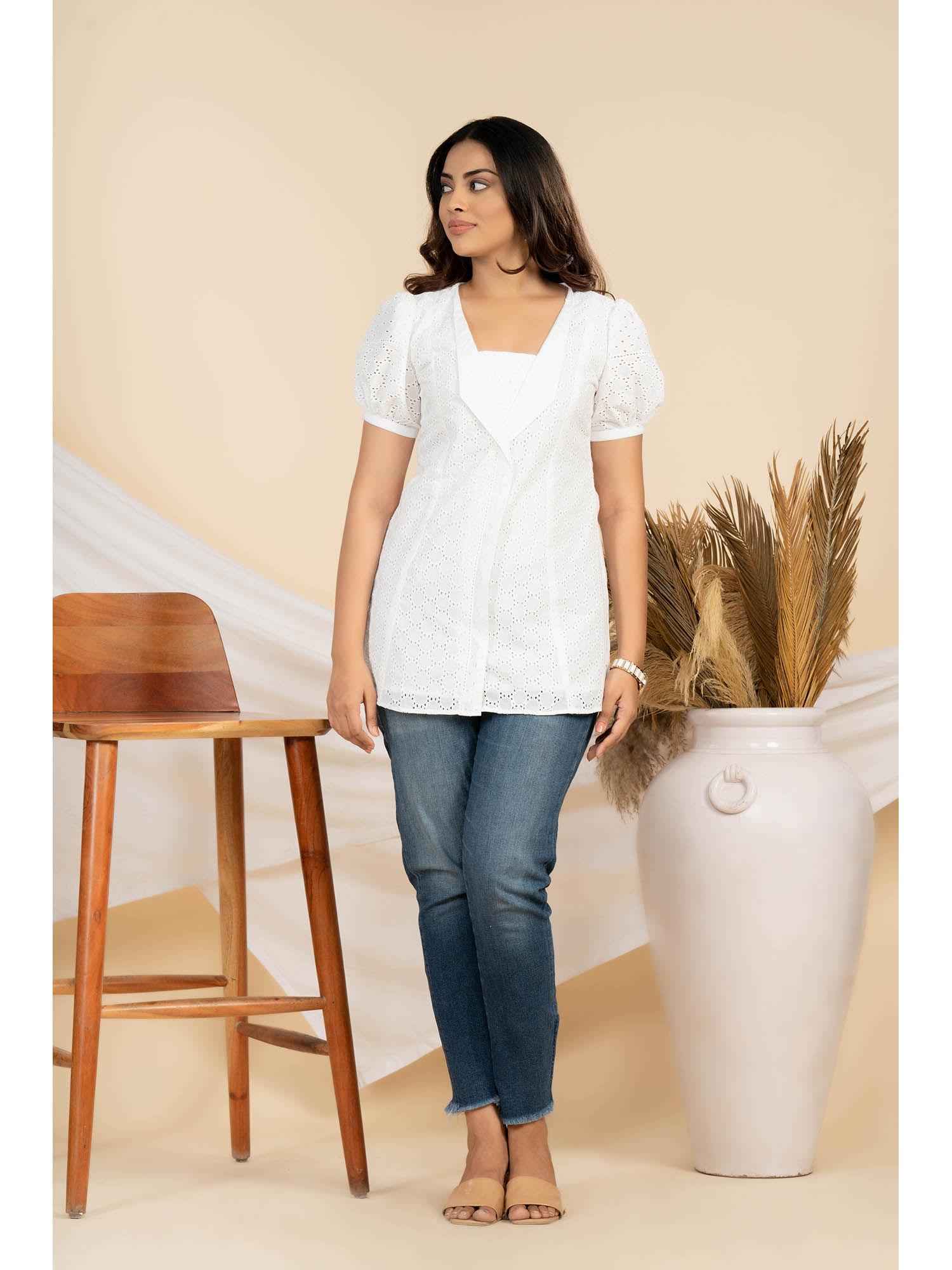 womens white pure cotton schiffli embroidery tunic