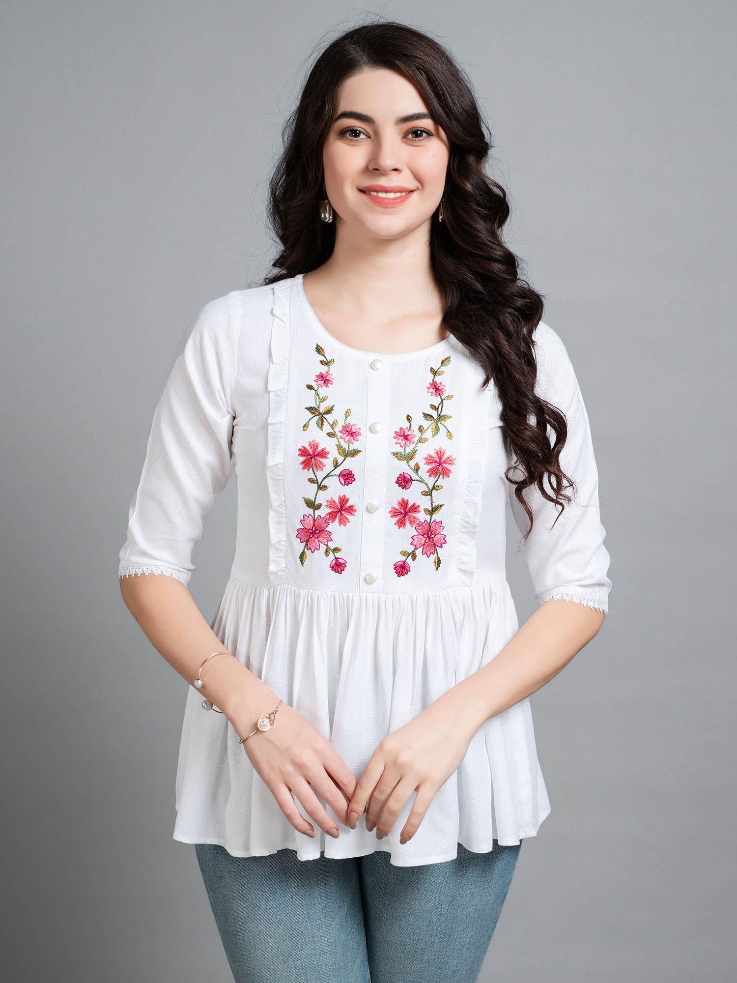 womens white pure viscose rayon floral embroidered peplum top