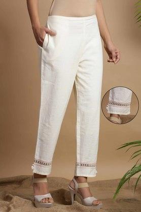 womens white rayon flex solid straight pants with lacework in hem - white