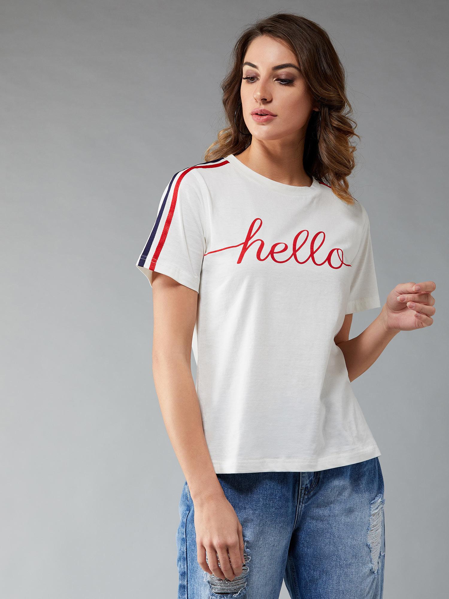 womens white round neck half sleeve printed basic regular t-shirt