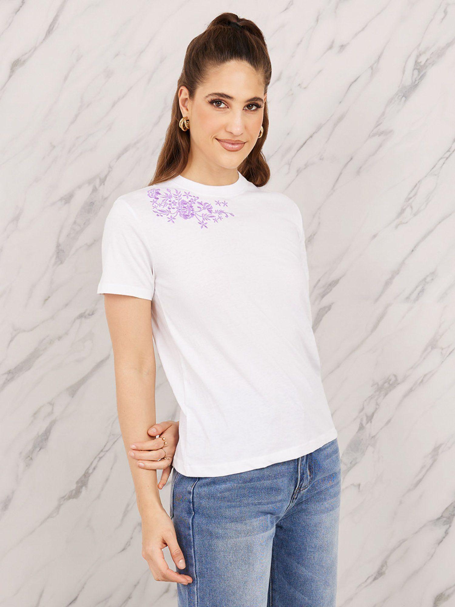 womens white short sleeve shoulder embroidered graphic round neck t-shirt