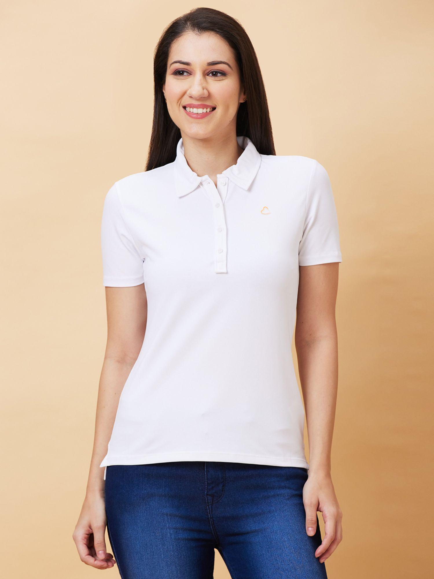 womens white solid collar neck polo t-shirt