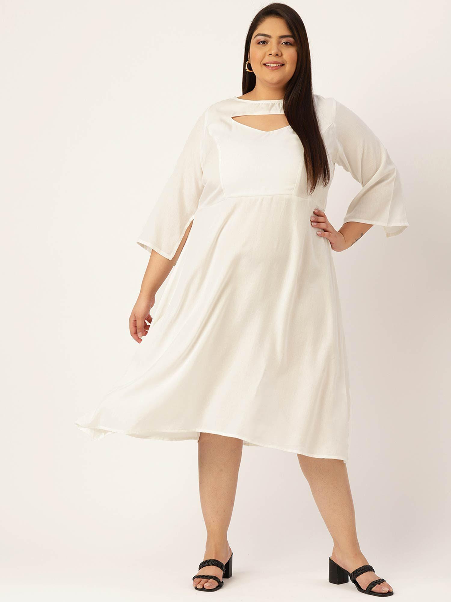 womens white solid color a-line midi dress