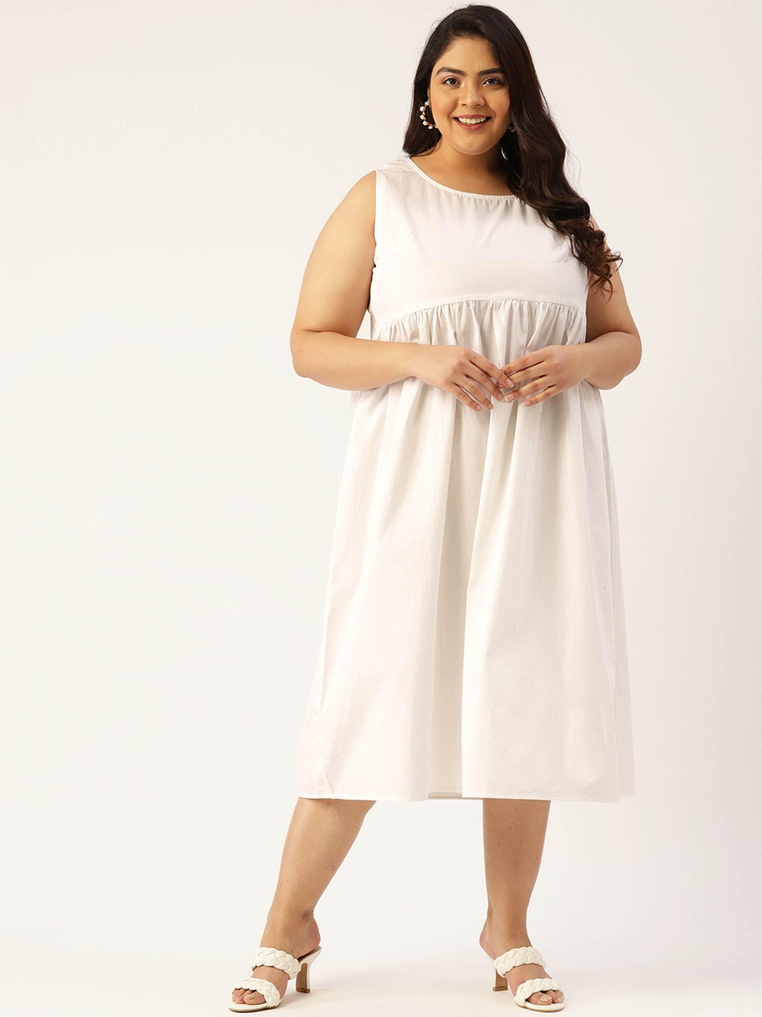 womens white solid color a-line midi dress