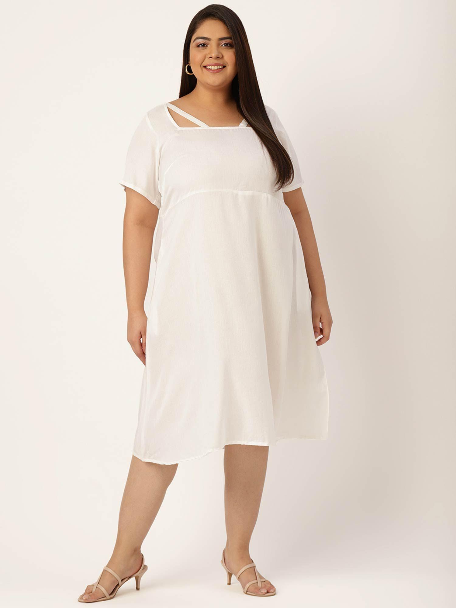 womens white solid color neck stripe a-line midi dress