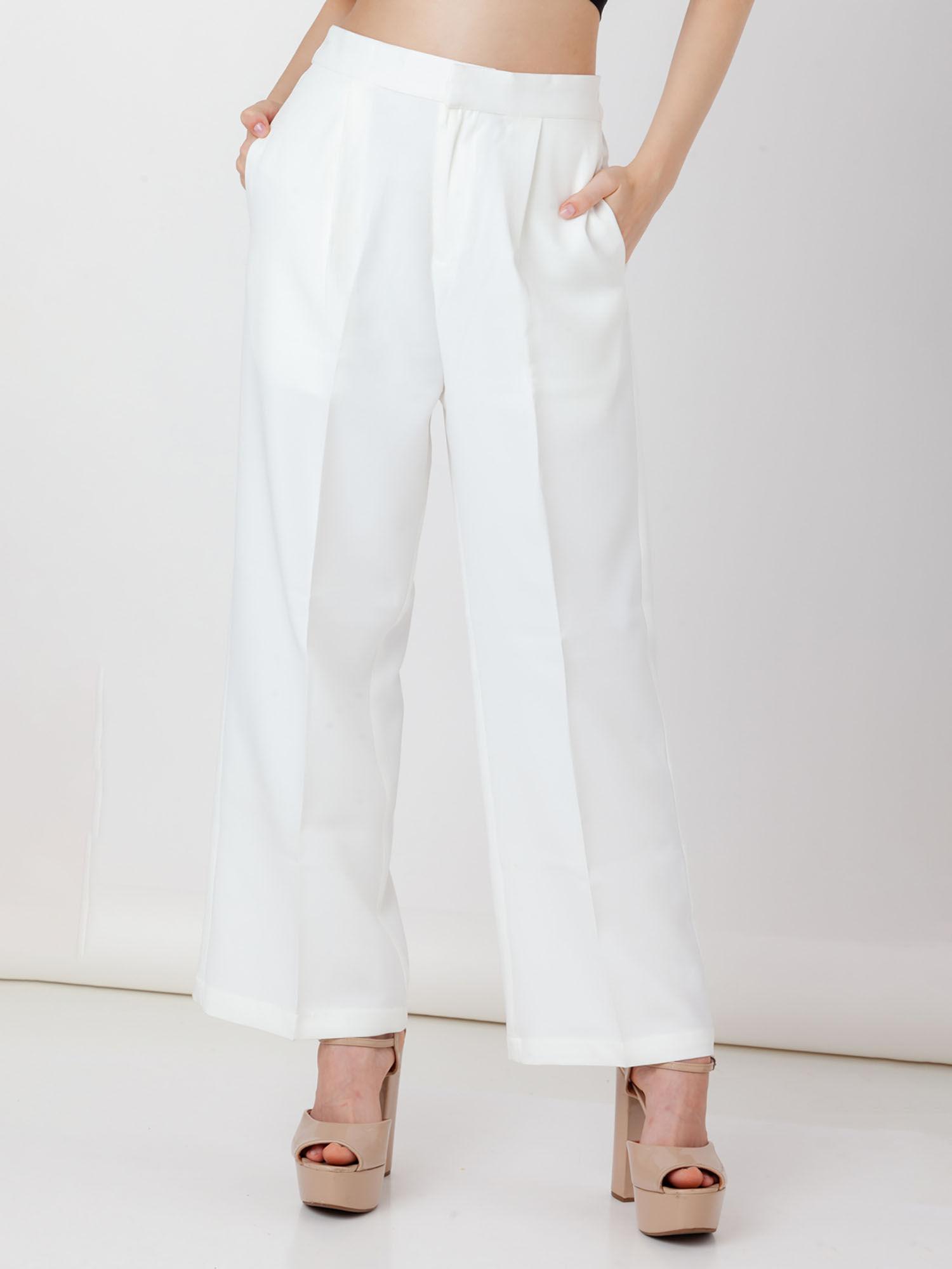 womens white solid pleated trouser