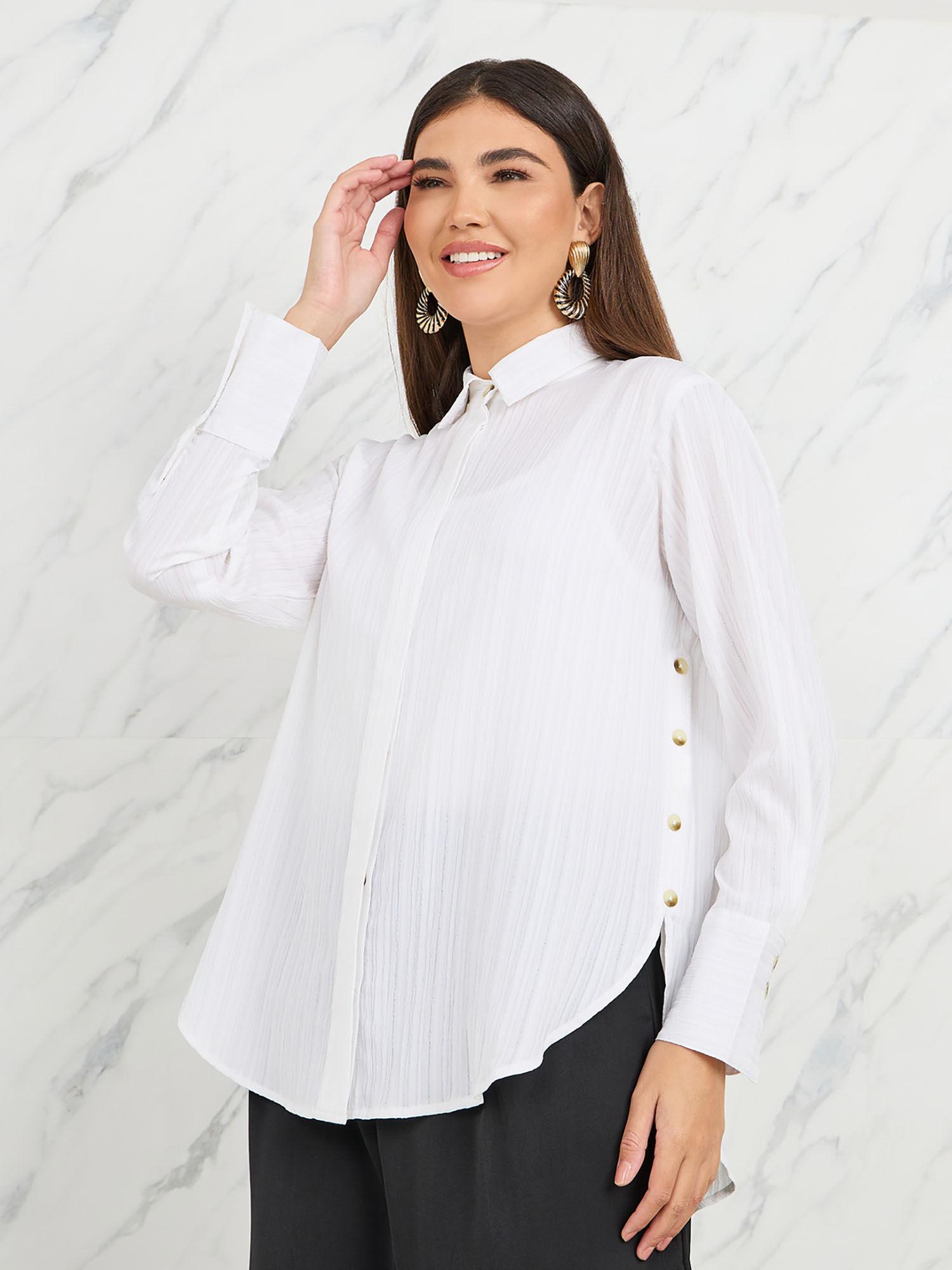 womens white textured regular fit long length shirt with button detail