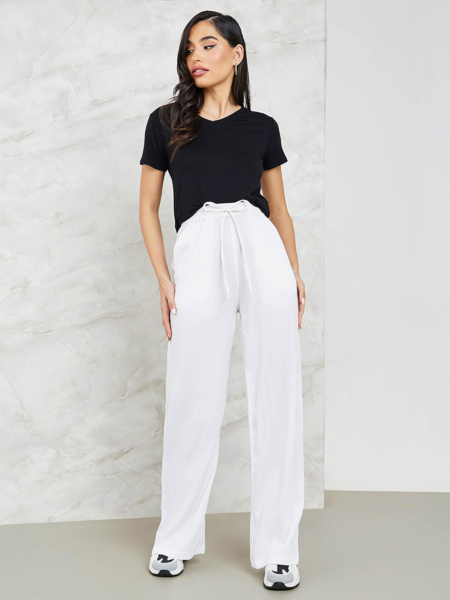 womens white textured wide leg pant with side pocket