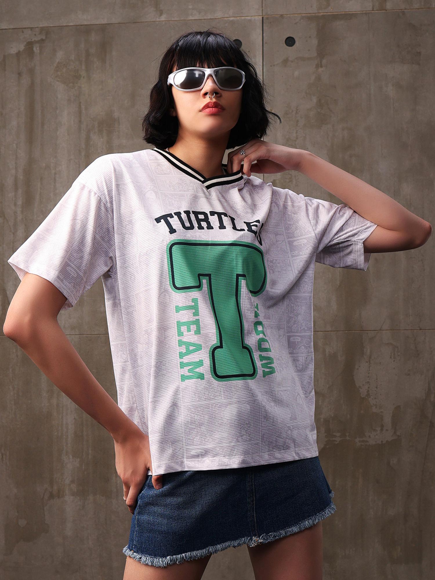 womens white turtles jersey graphic printed oversized t-shirt