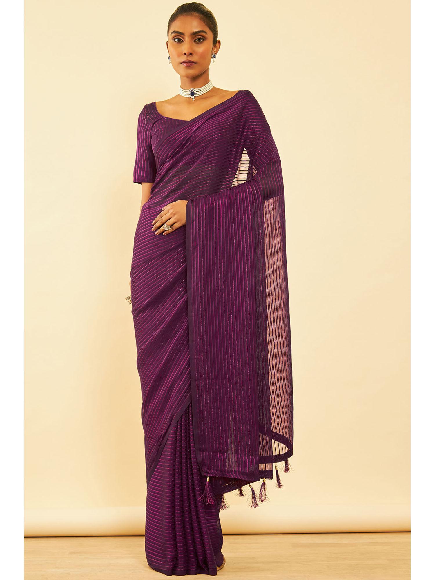 womens wine chiffon saree with tassels with unstitched blouse