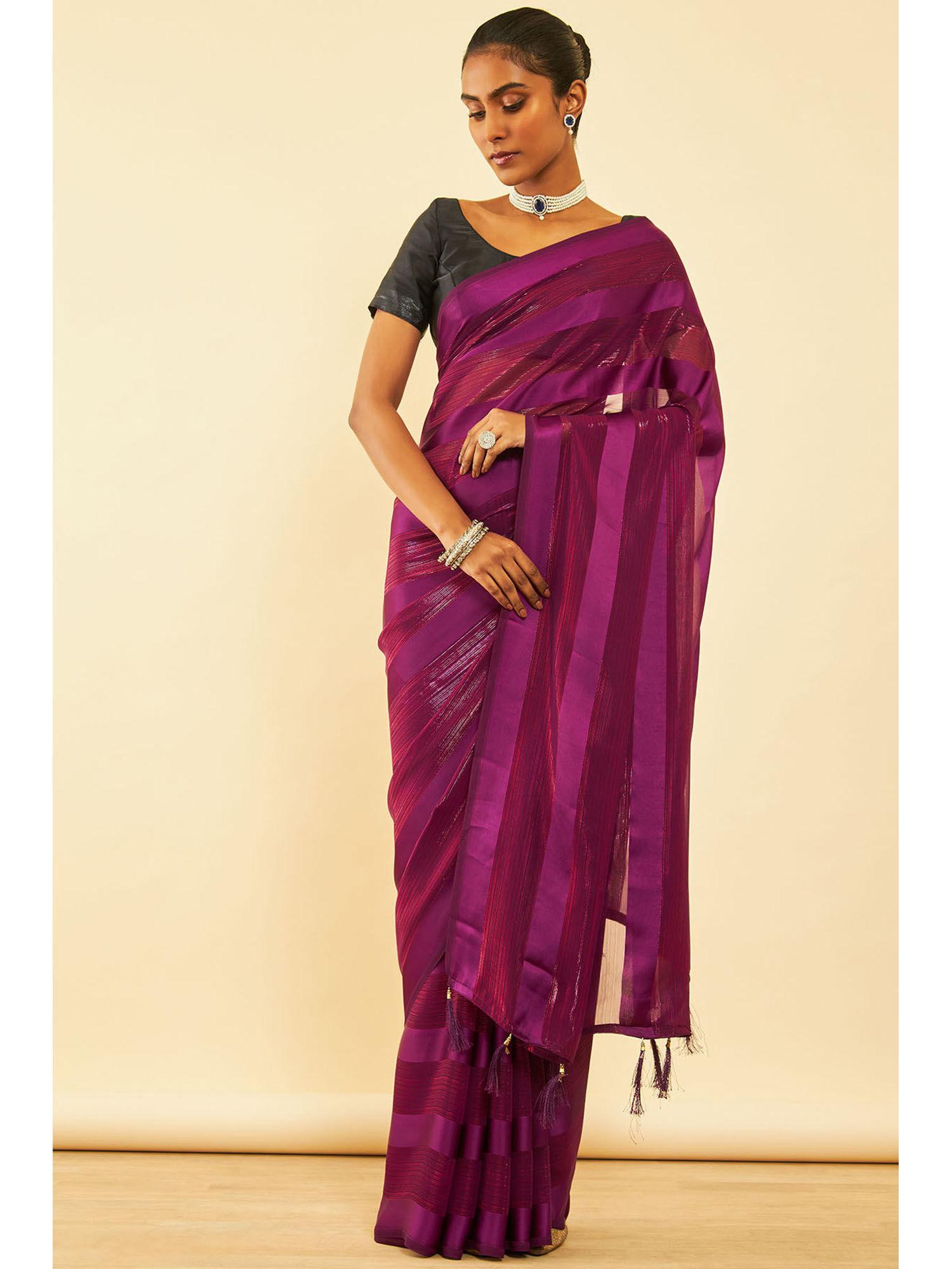 womens wine chiffon striped saree with tassels with unstitched blouse