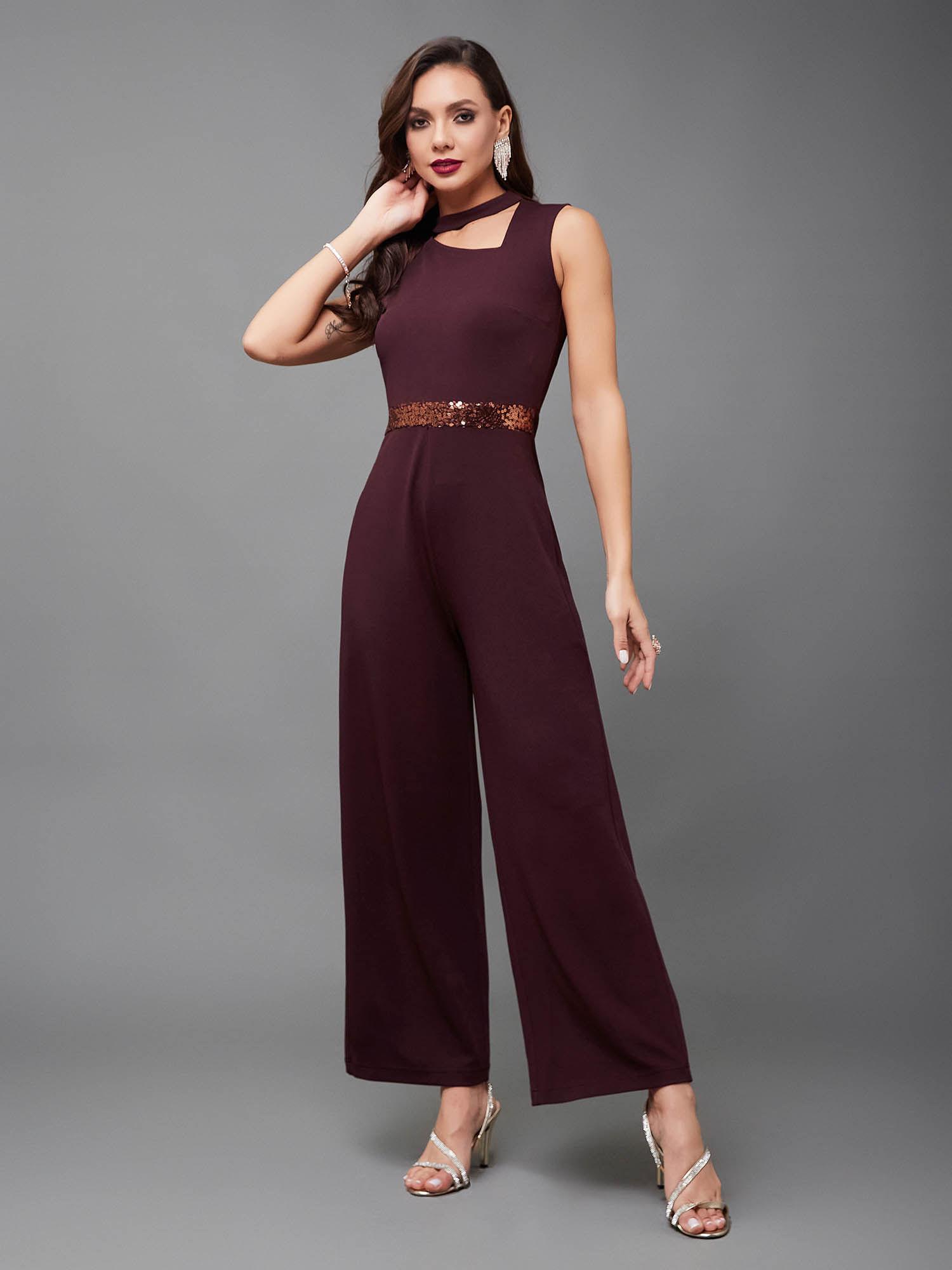 womens wine collared sleeveless round neck cut-out jumpsuit