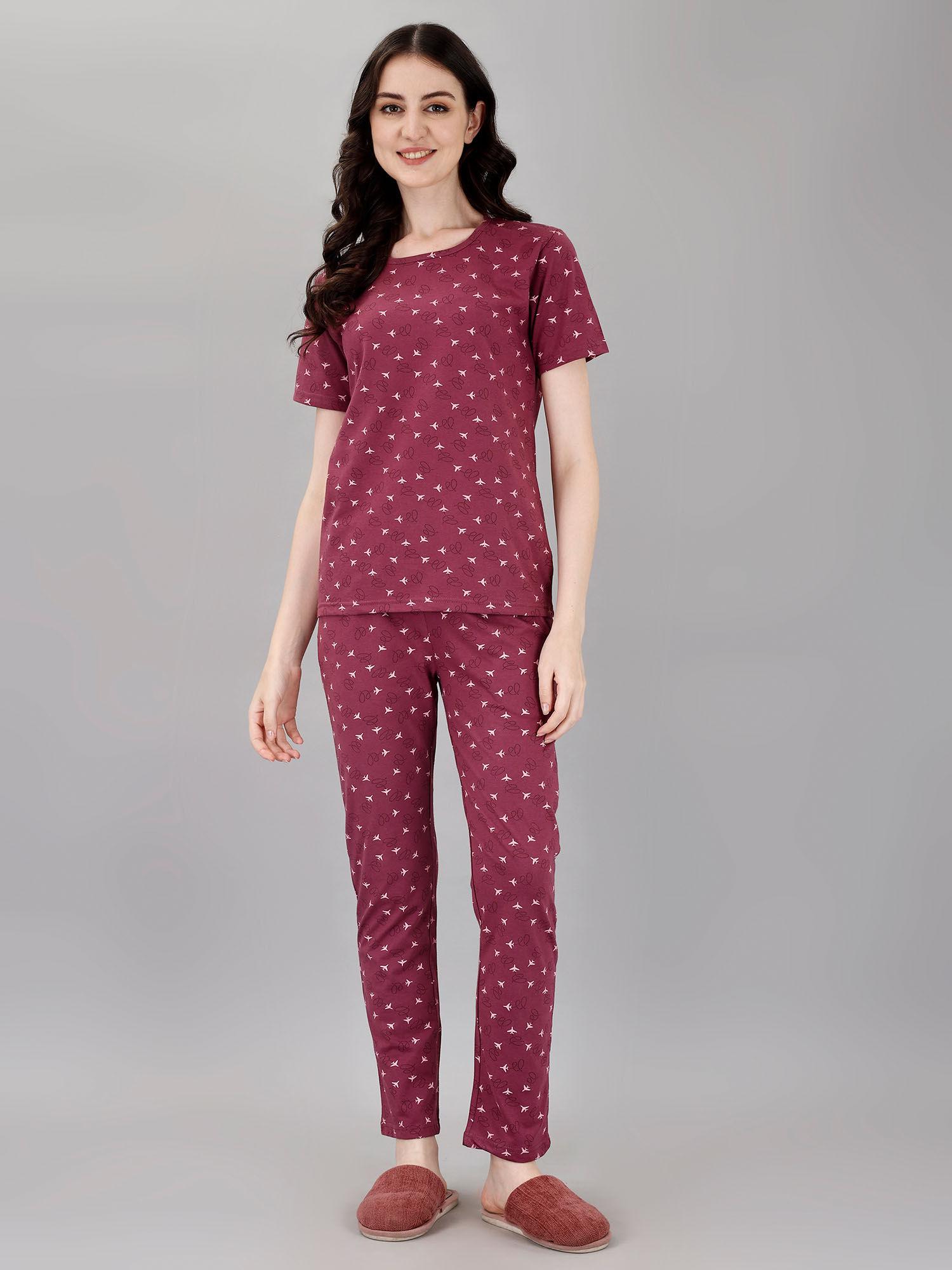 womens wine color airplane print t-shirt & pyjamas night suit. (set of 2)