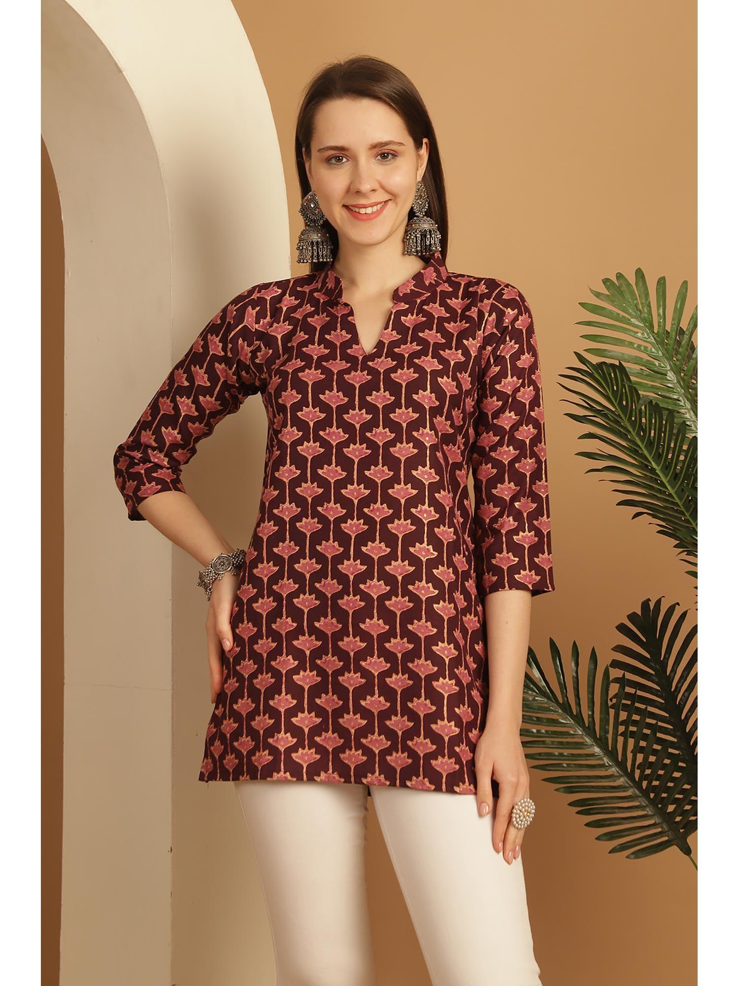 womens wine cotton foil printed tunic