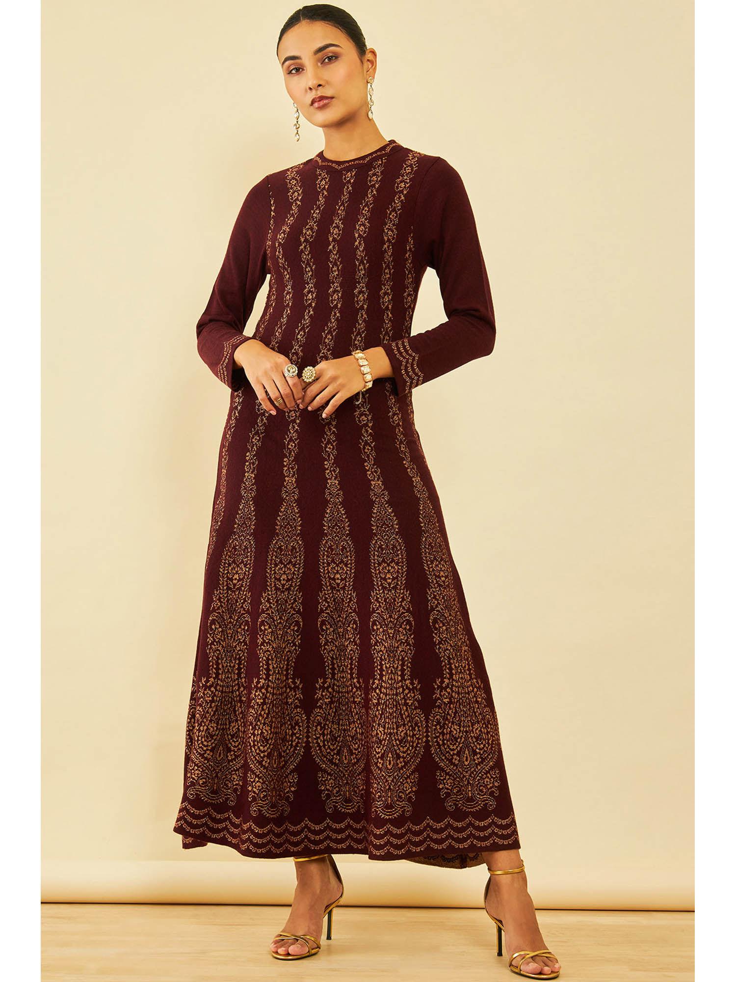 womens wine ethnic motifs winter dress