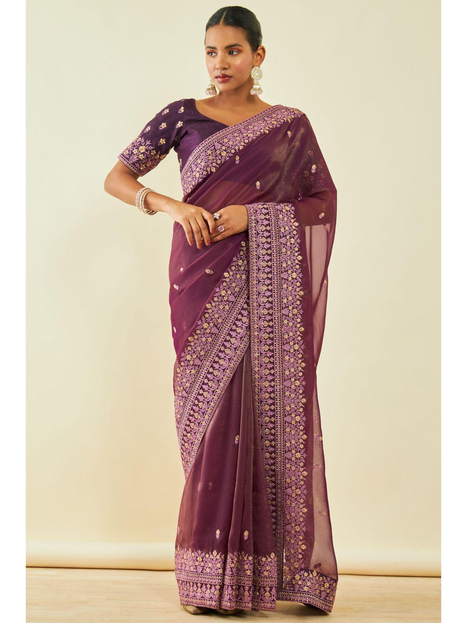 womens wine georgette embroidered saree with thread work with unstitched blouse