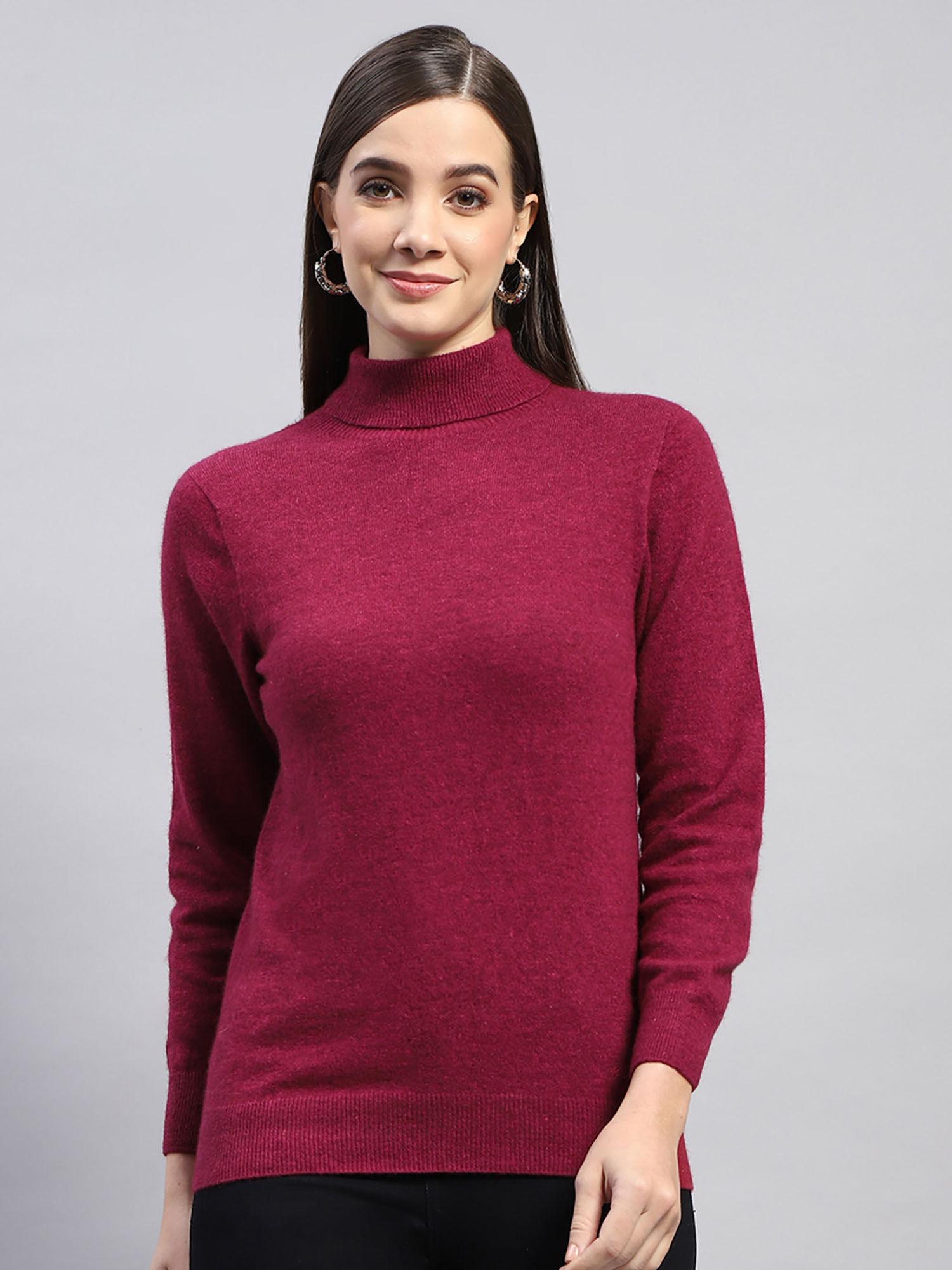 womens wine mix solid high neck full sleeve top sweater